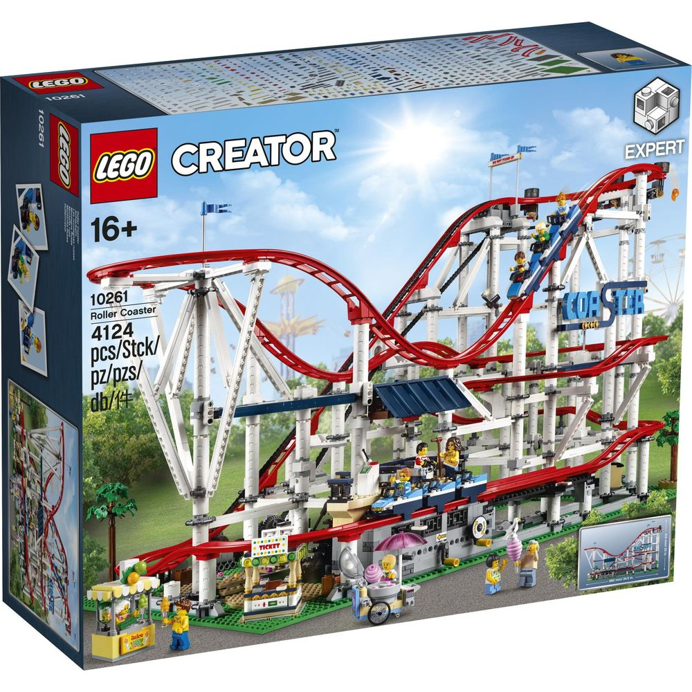 Zestaw LEGO Creator Roller Coaster z czerwonymi torami, białymi podporami i ludzikami.