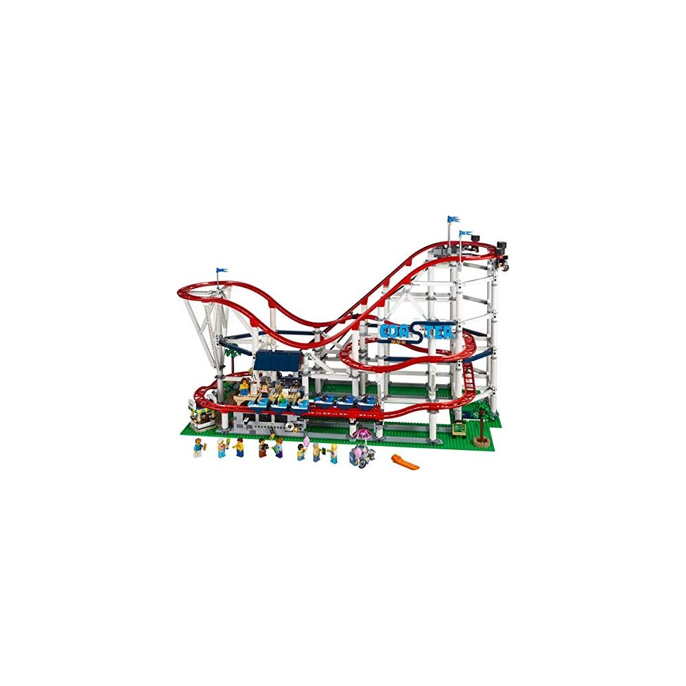 Szczegółowy zestaw Lego roller coaster z czerwonymi torami i wieloma figurkami.