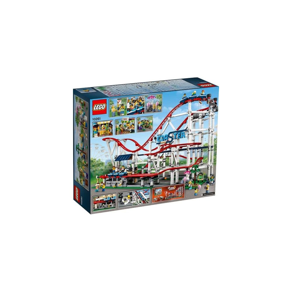 Zestaw kolejki górskiej Lego z czerwonymi torami i białymi podporami, figurkami i naklejkami.