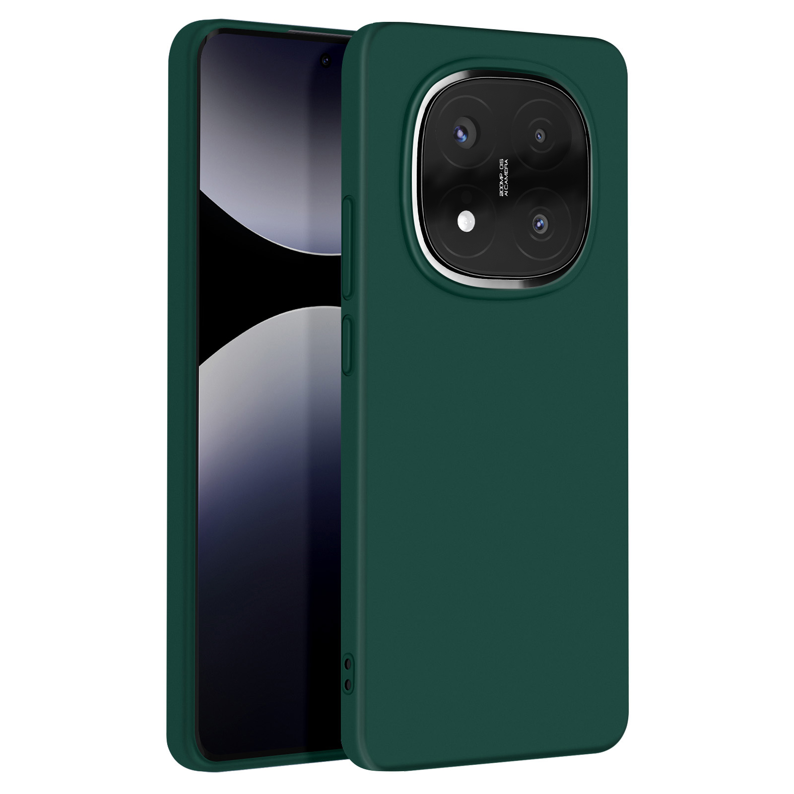 Custodia verde scuro per telefono con modulo fotocamera. Il telefono è parzialmente visibile.