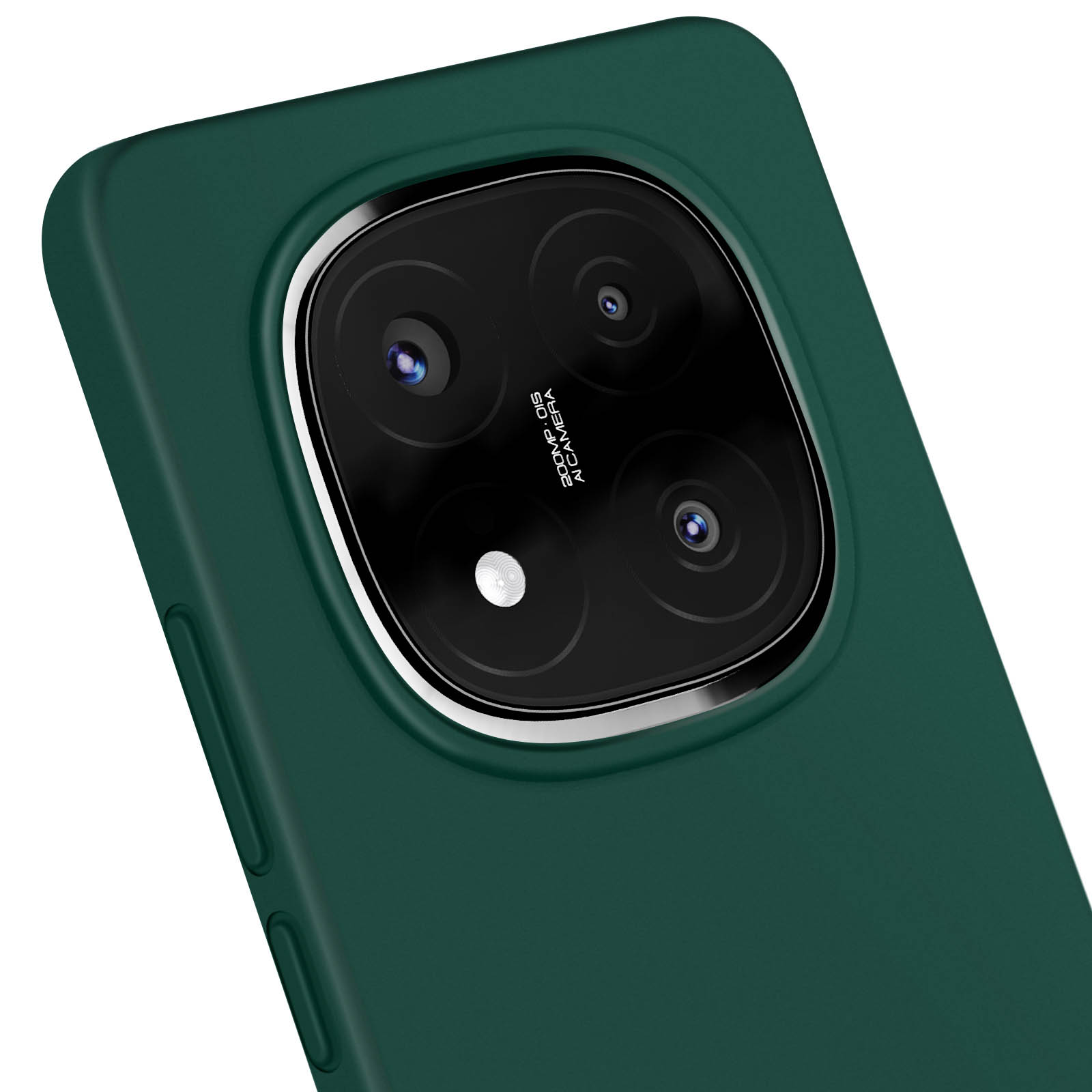 Custodia verde scuro per telefono con configurazione a quattro fotocamere e bordo argentato.
