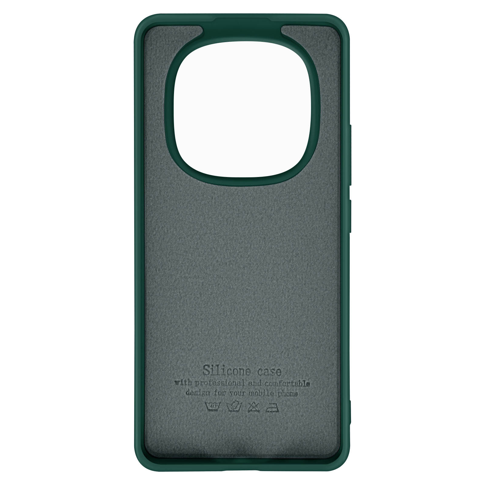 Custodia verde scuro con fodera interna morbida. Testo e simboli bianchi.