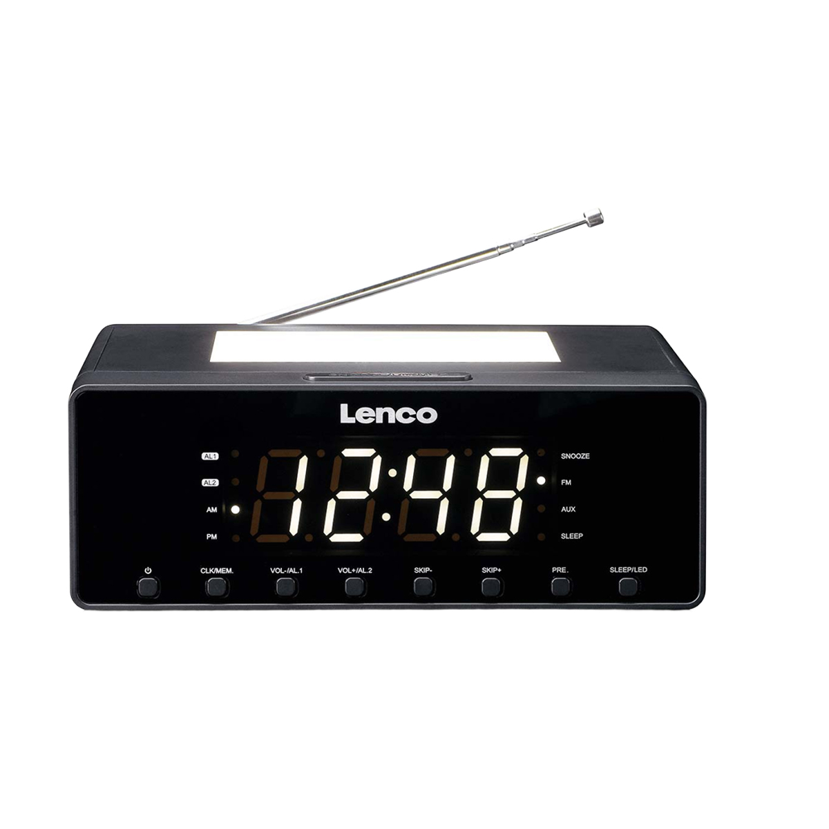 Un radio-réveil Lenco noir avec affichage numérique 08:48 et antenne extensible.