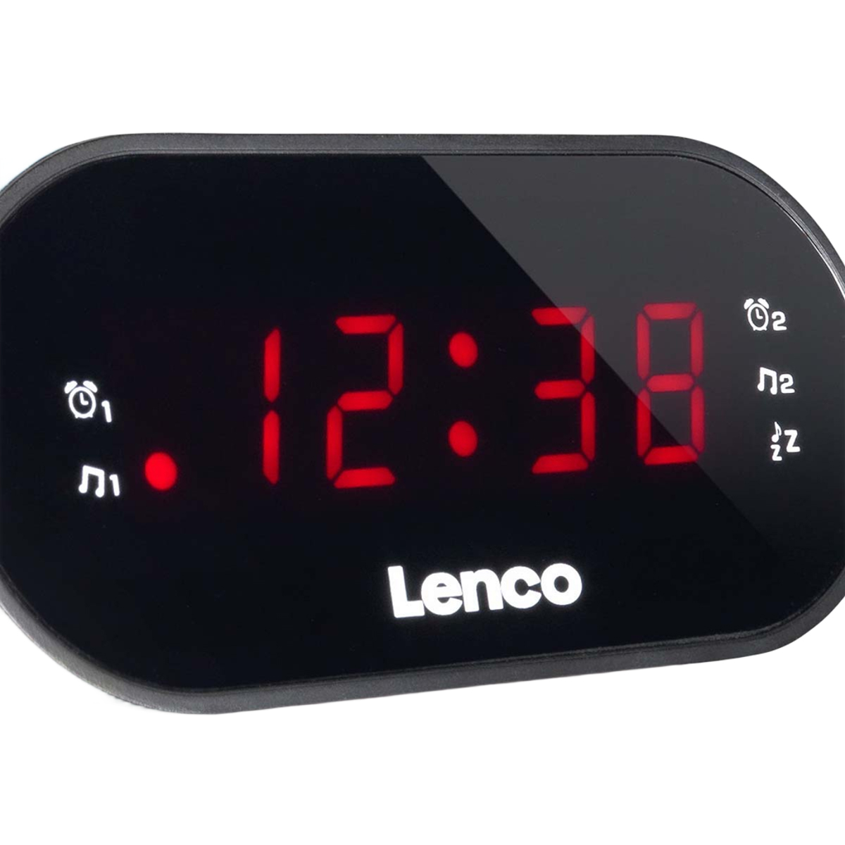 Zegar cyfrowy z czerwoną tarczą 12:38 i logo Lenco.