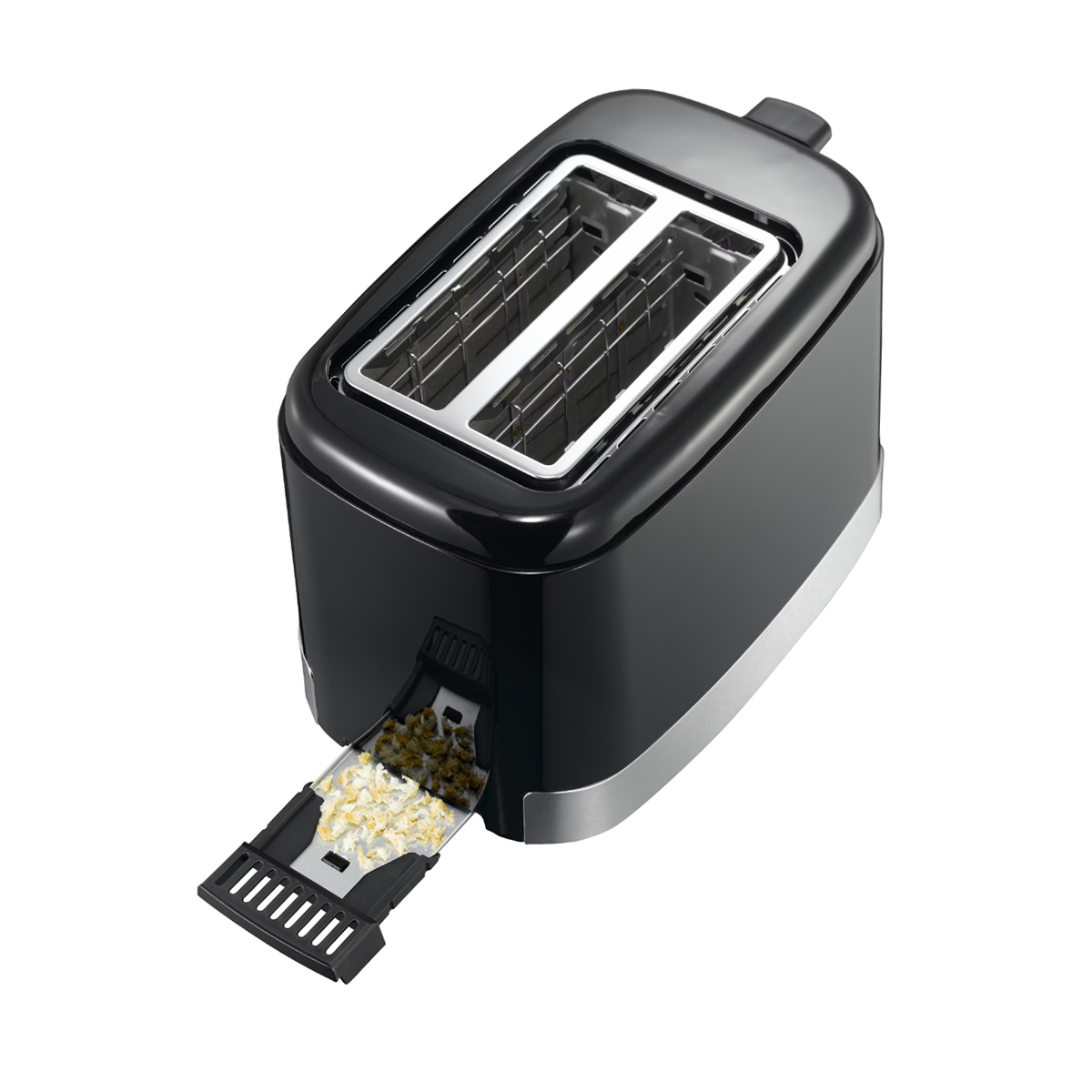 Ein schwarzer Toaster mit zwei Schlitzen und herausgezogenem Krümelfach mit Krümeln.