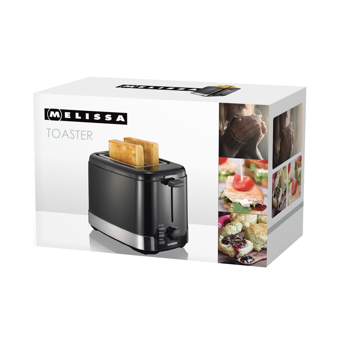 Schwarzer Toaster mit zwei Toastbroten und Melissa-Logo, daneben Bilder von Snacks.