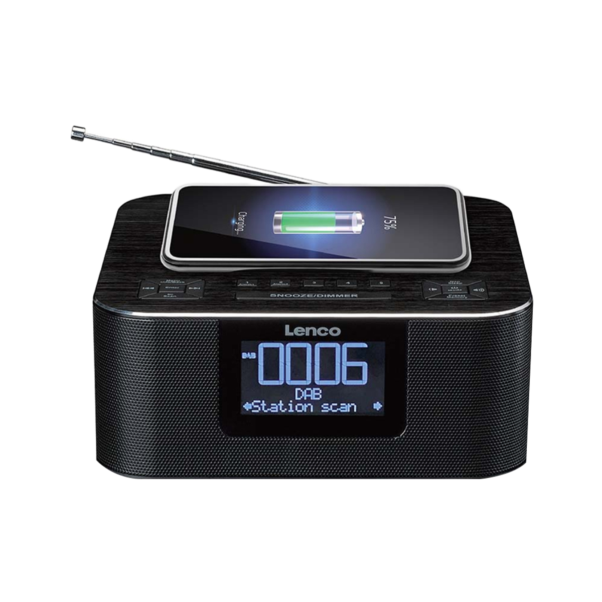 Radio-réveil Lenco noir avec antenne déployée et smartphone en charge.