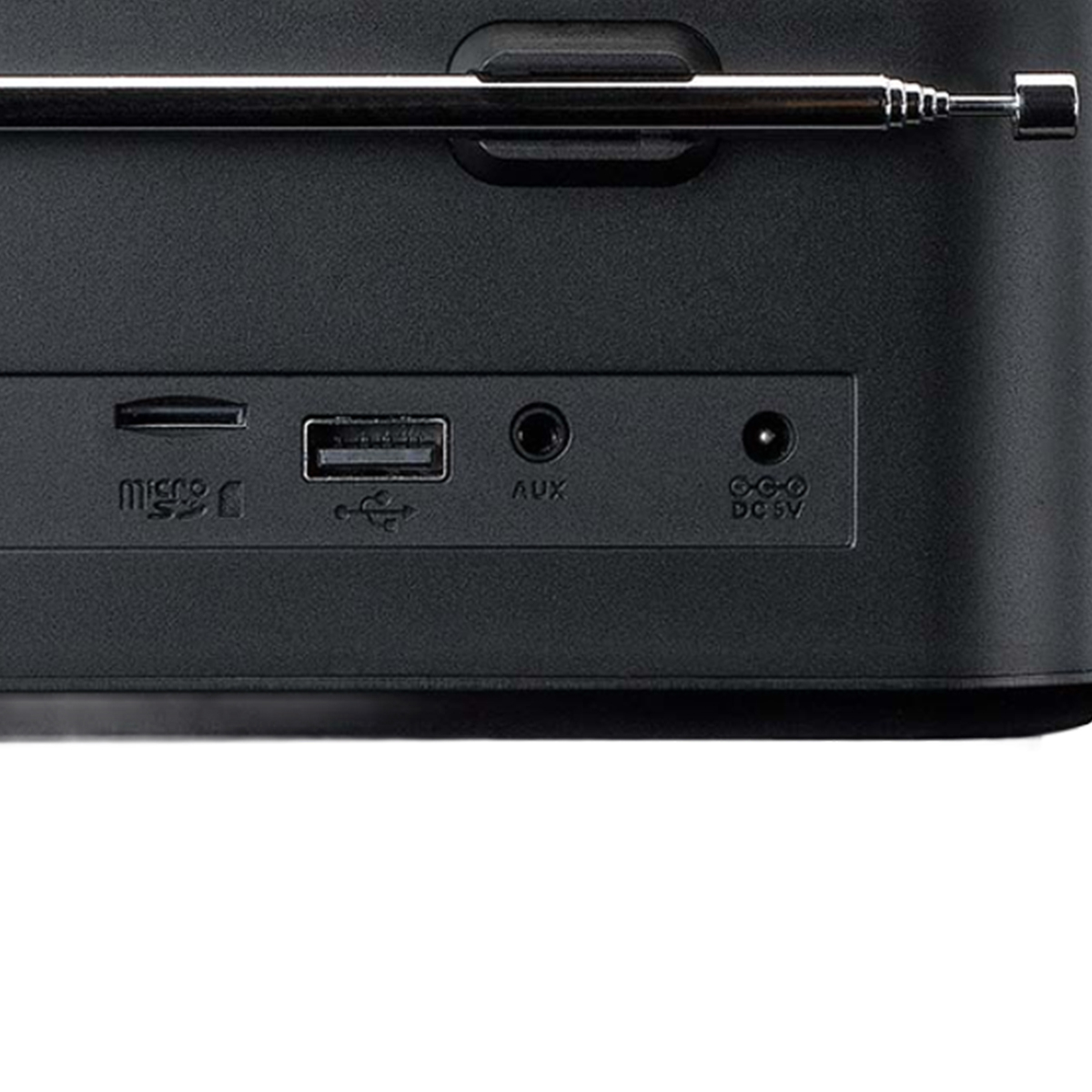 Une radio noire avec ports micro SD, USB, AUX et DC 5V.