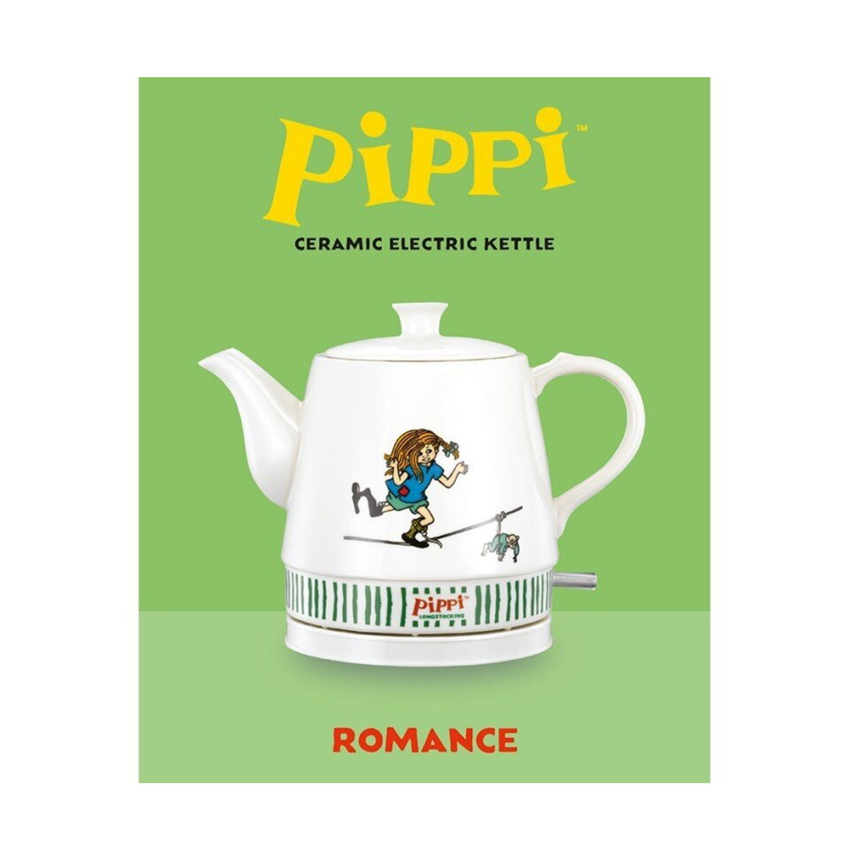 Weiße Keramikkessel mit Pippi Langstrumpf-Motiv und grünem Streifenmuster.