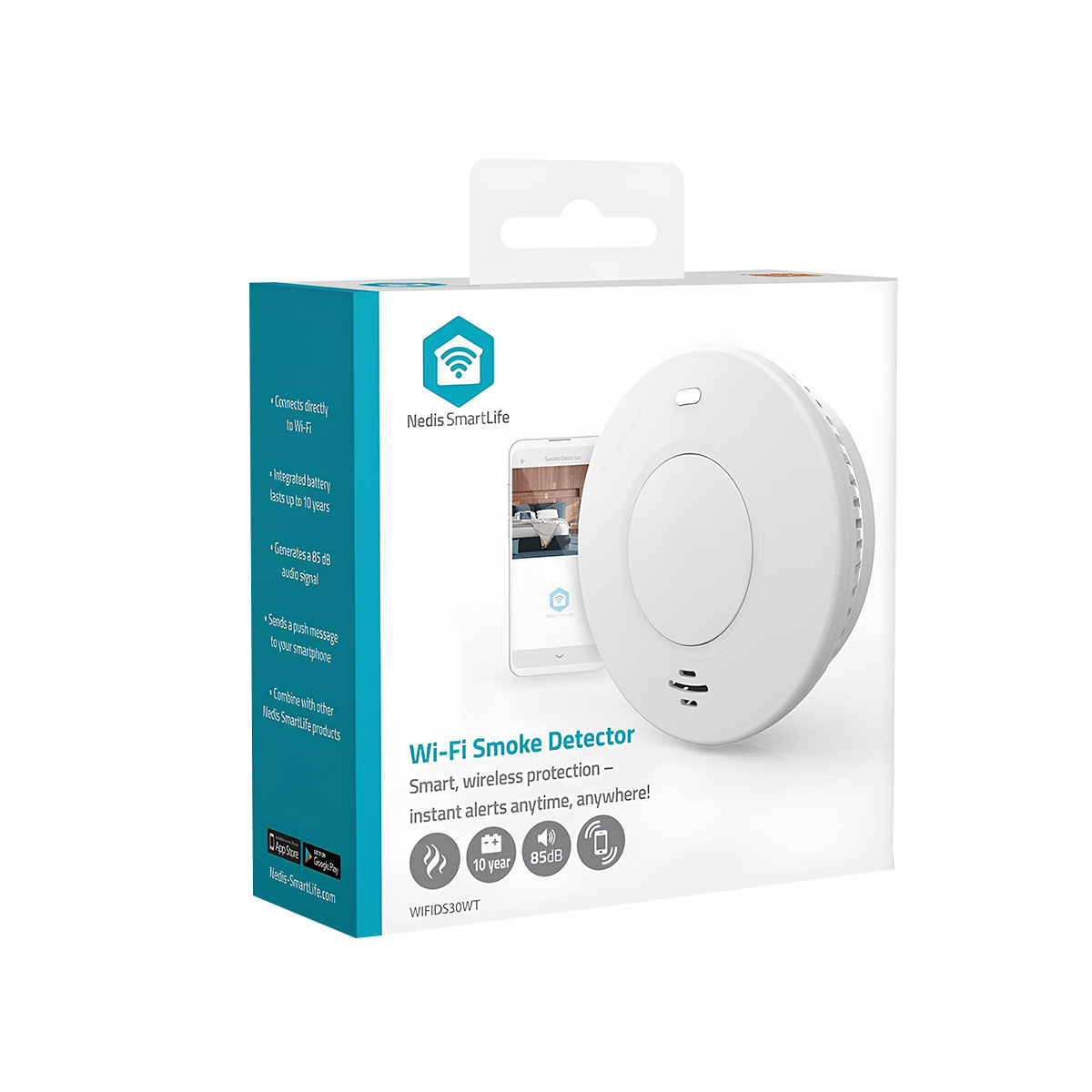 Weiße Nedis SmartLife Wi-Fi Rauchmelder-Verpackung mit Produktmerkmalen.