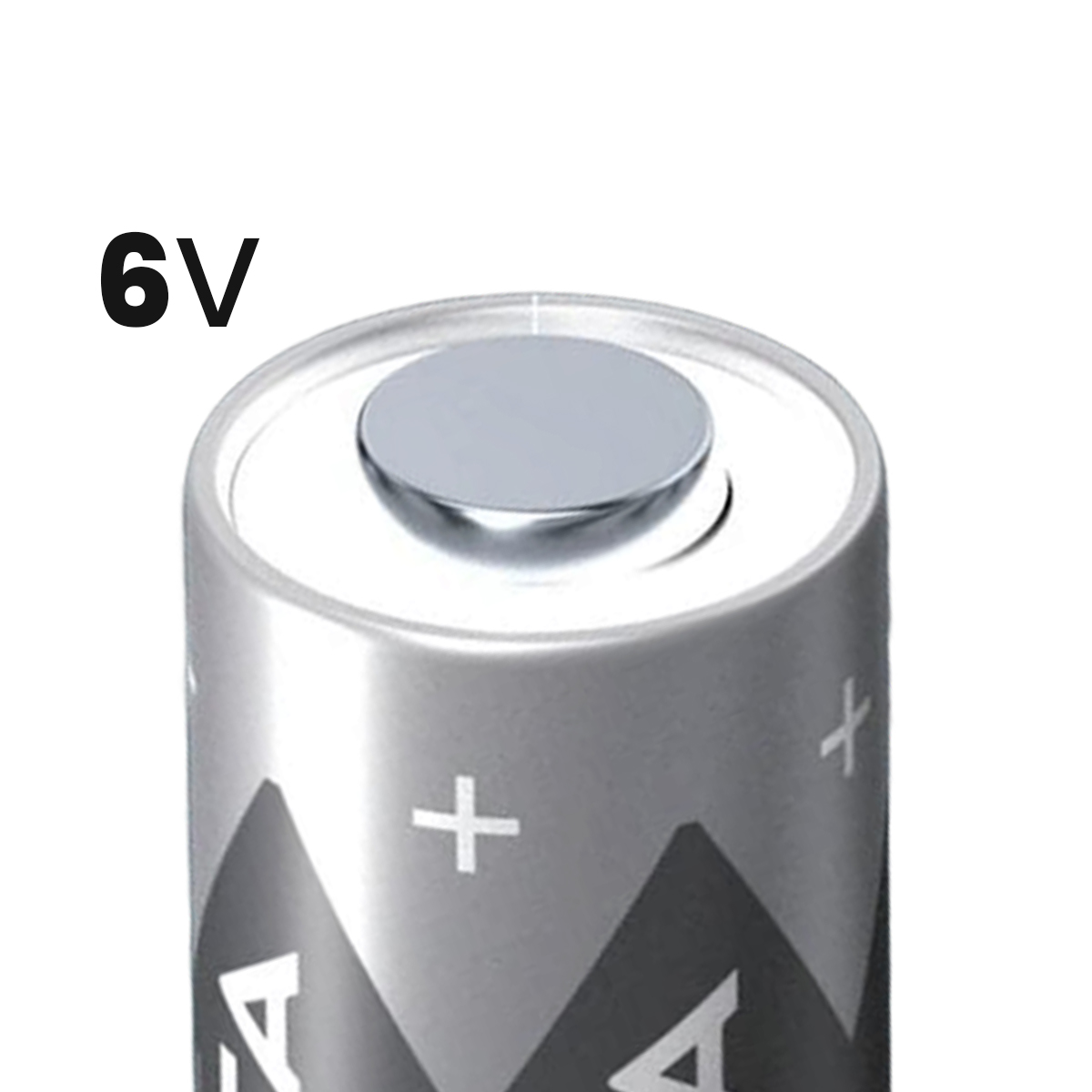 A 6V battery with a silver positive terminal on a white background.