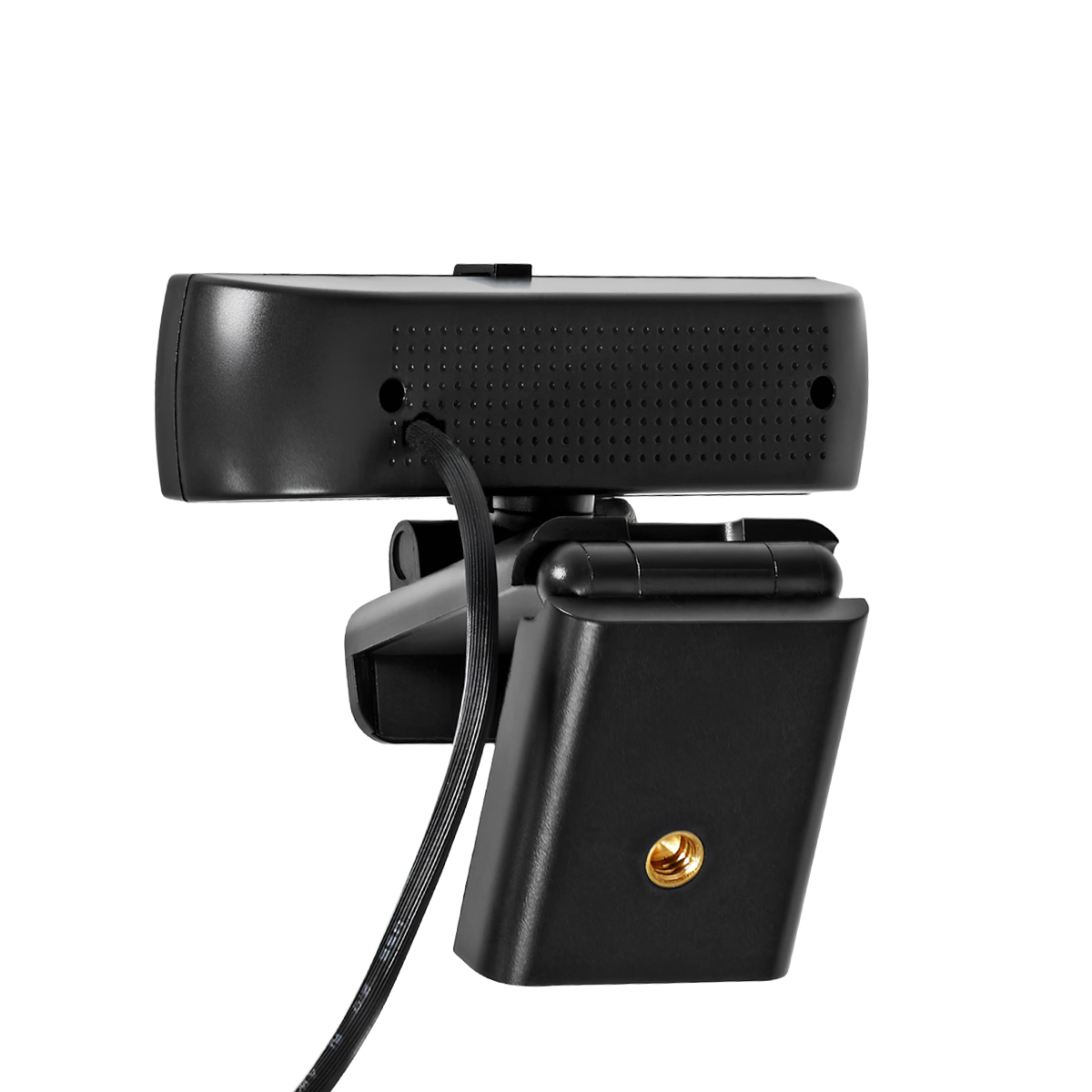 Czarna kamera internetowa z regulowanym klipsem i kablem, na białym tle.