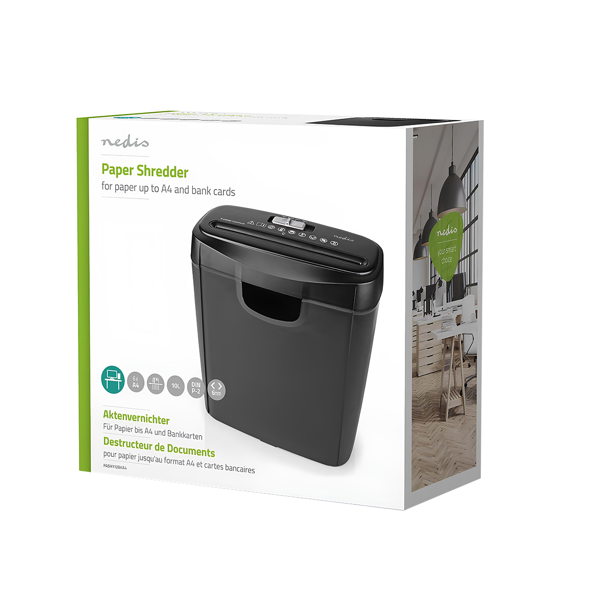 Une destructrice de documents Nedis noire pour papier et cartes.