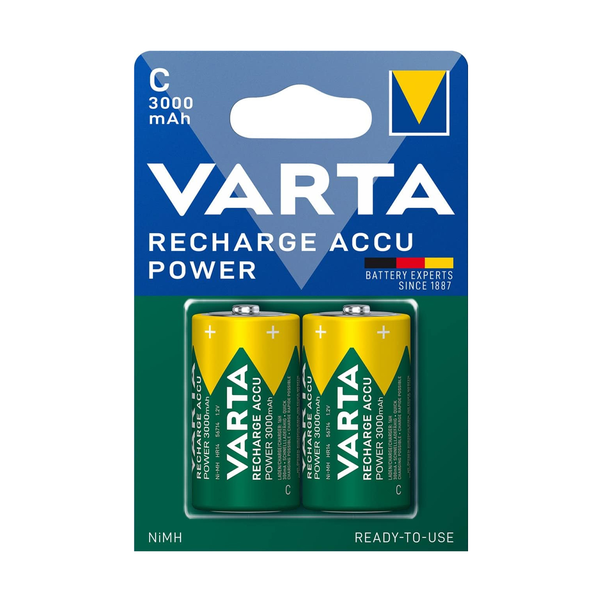 Twee Varta C 3000mAh NiMH oplaadbare batterijen in gele en groene verpakking.