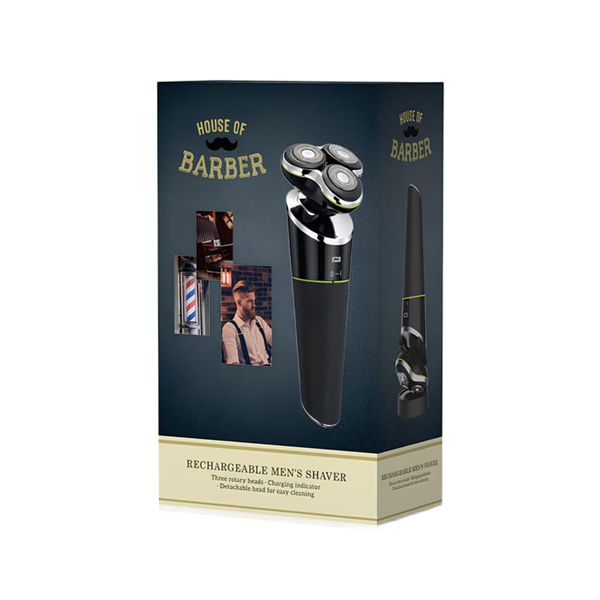 Opakowanie czarnej golarki rotacyjnej z marką „House of Barber”.