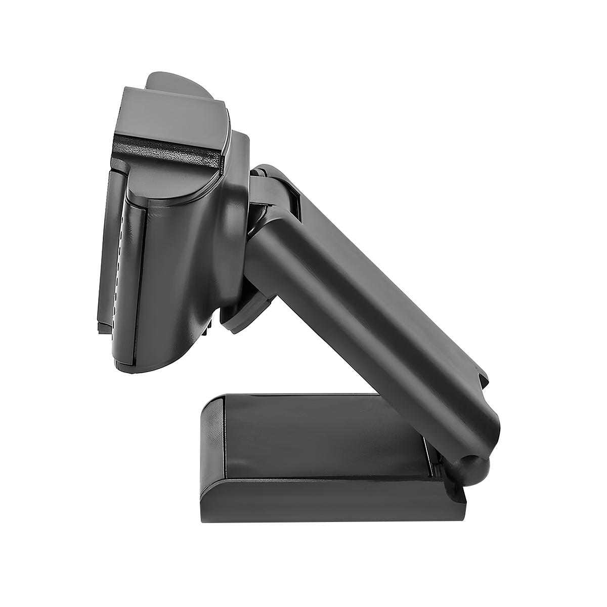 Czarny ramię kamery internetowej z obrotową głowicą na prostokątnej podstawie.