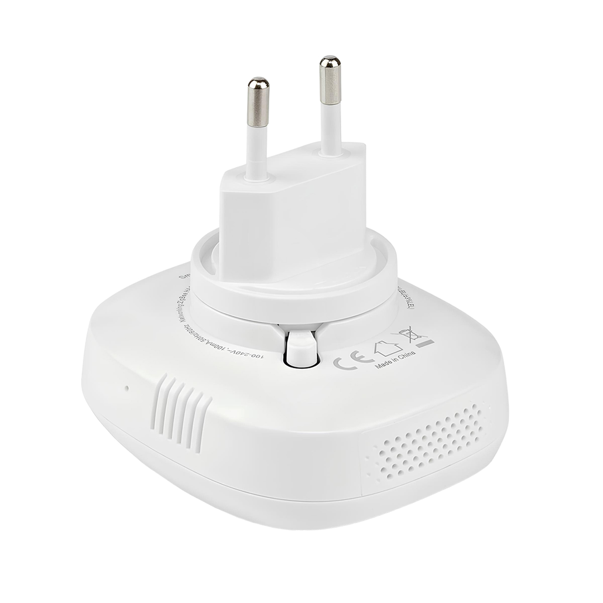Biały adapter zasilania z dwoma metalowymi bolcami. Widoczne otwory wentylacyjne i oznaczenie CE.