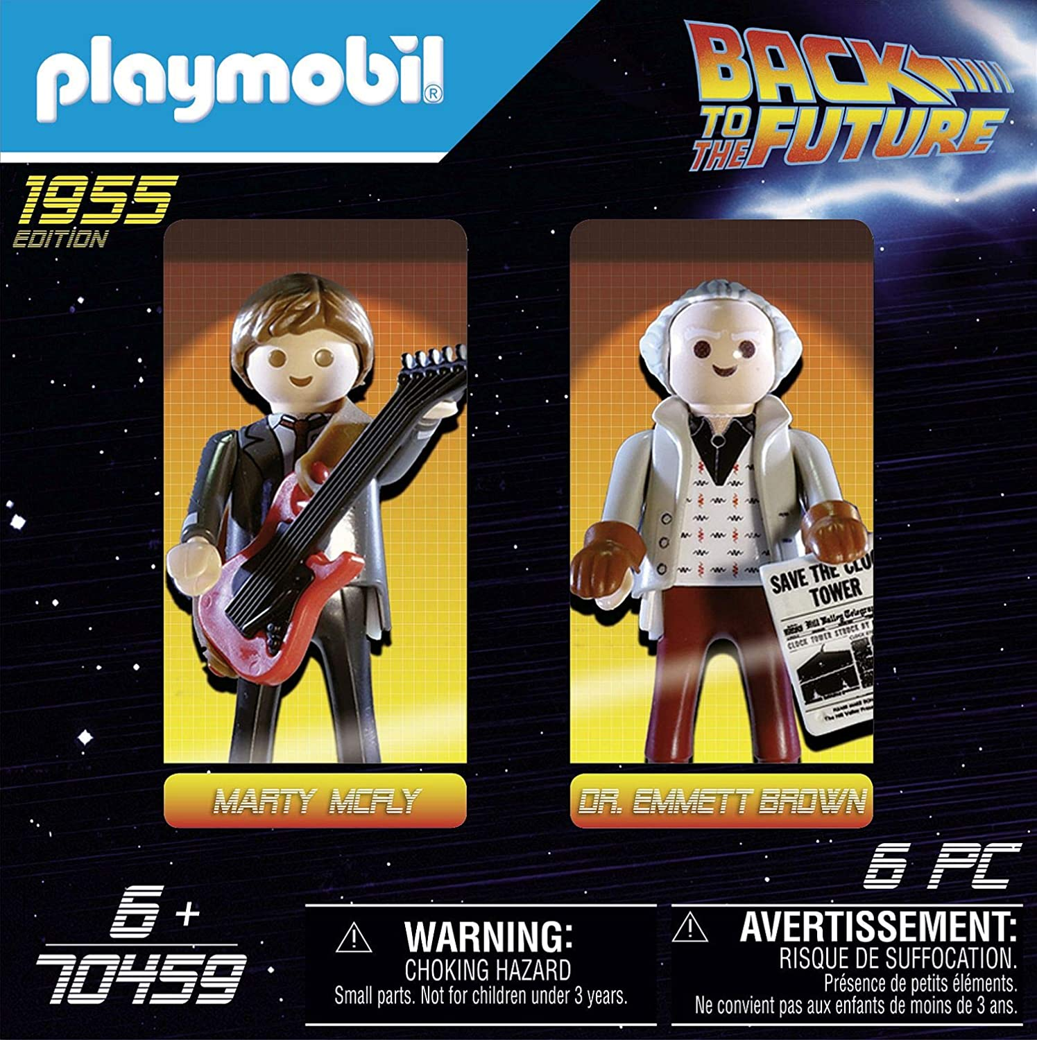 Figure Playmobil di Marty McFly con chitarra e Dr. Emmett Brown con giornale.