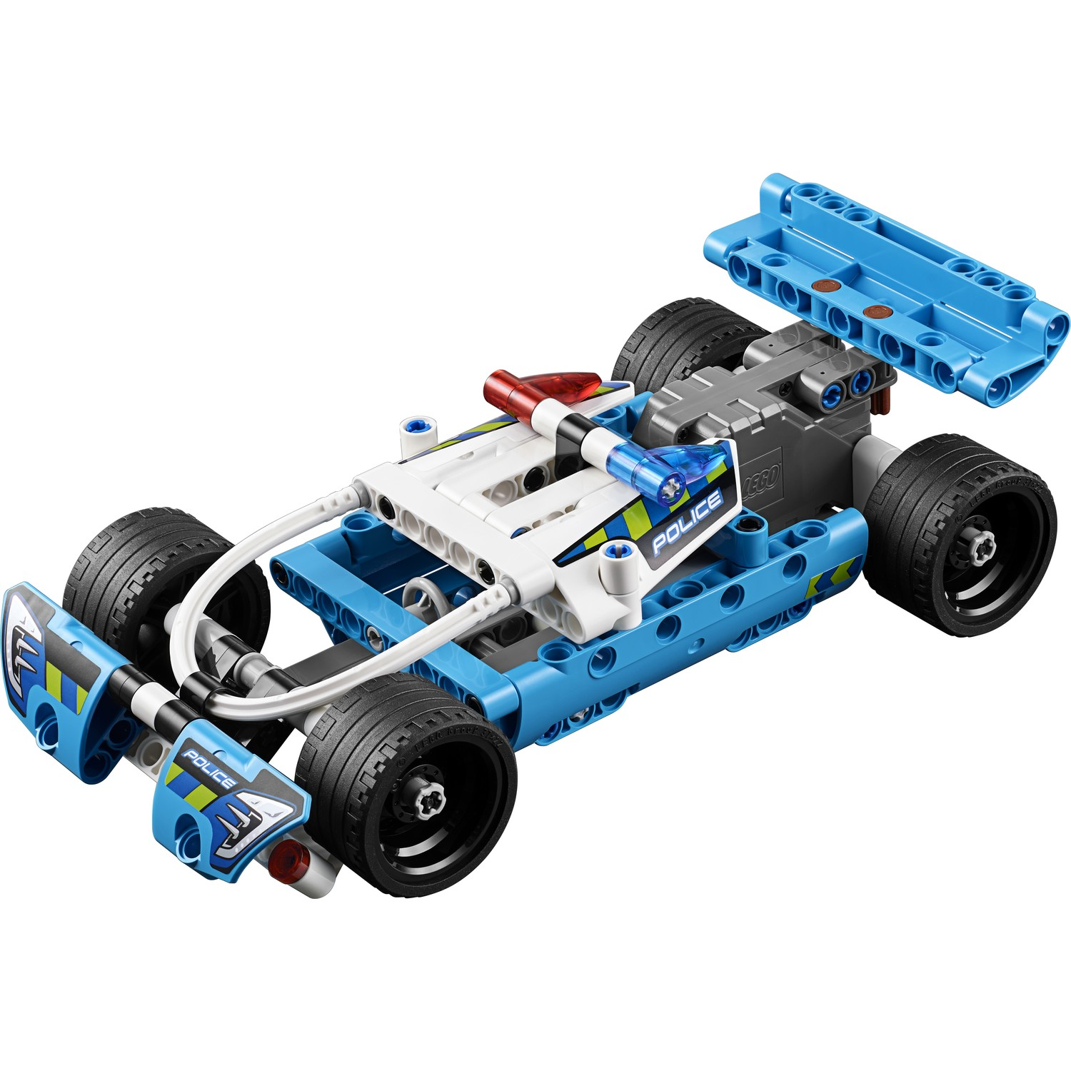 Una macchina della polizia LEGO blu con telaio e spoiler bianchi.