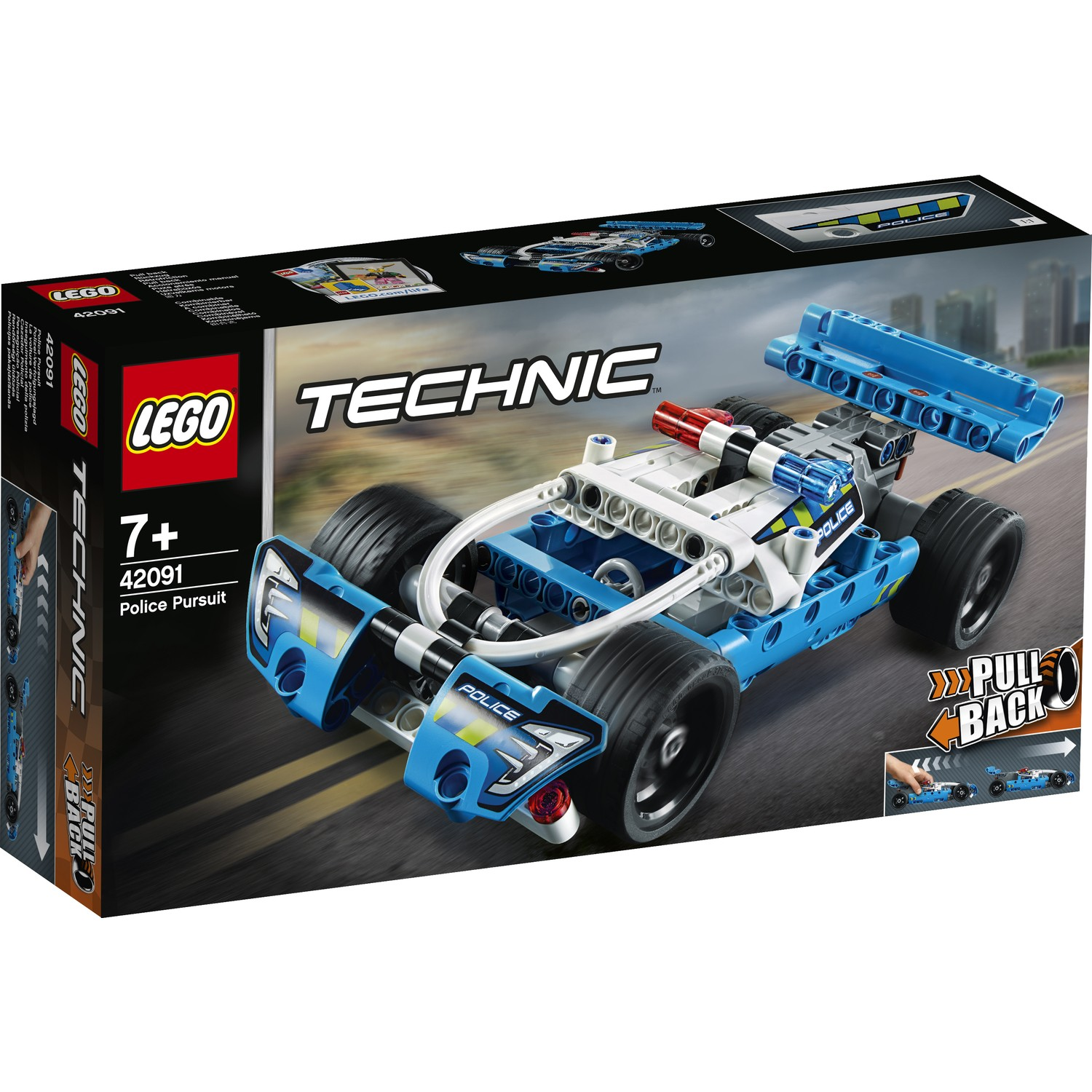 Set auto LEGO Technic Inseguimento della Polizia su scatola, con funzione pull-back.