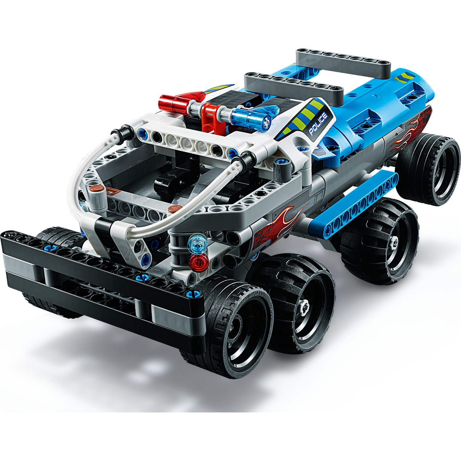 Un'auto della polizia Lego con parti blu e grigie, luci rosse e decalcomanie a fiamma.
