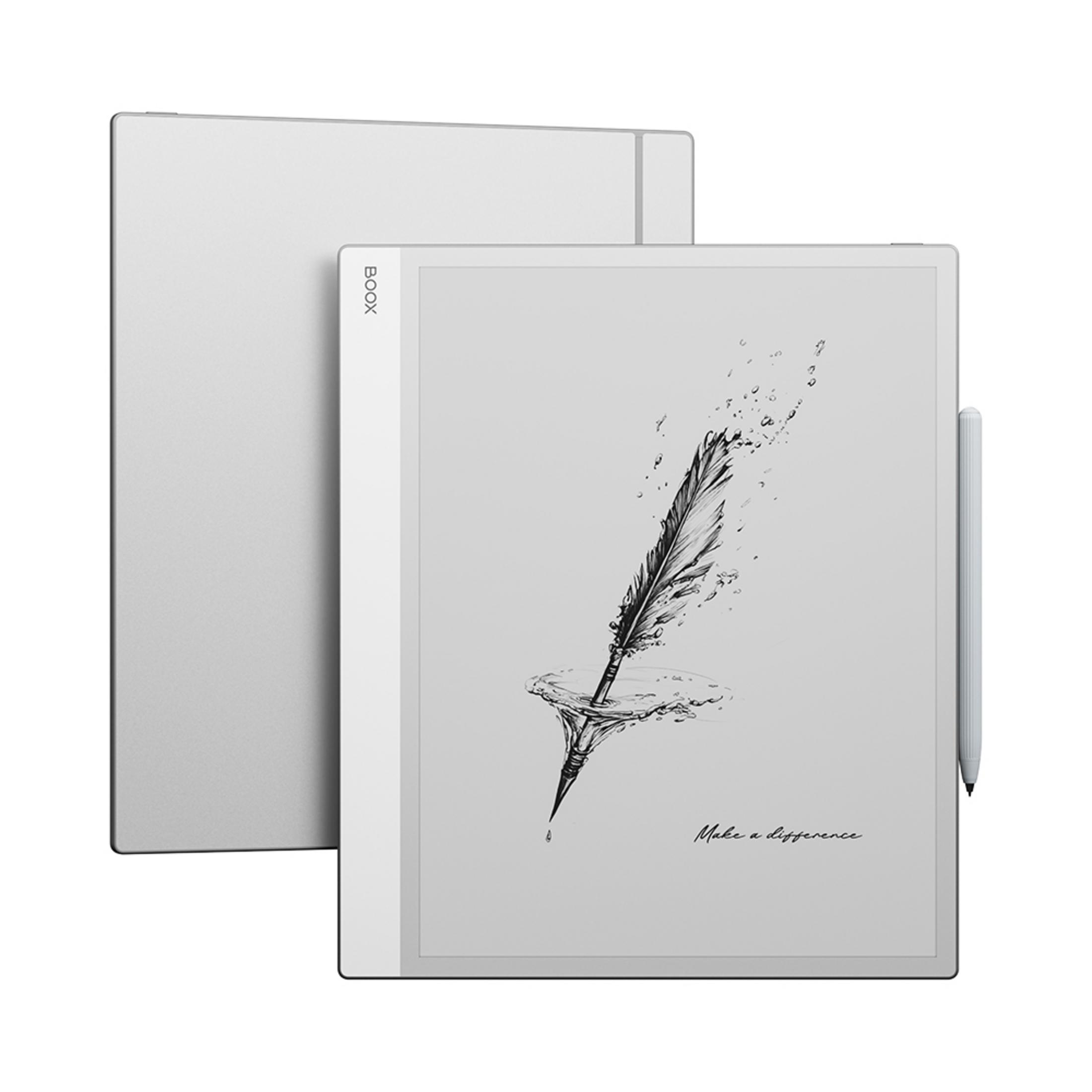 Srebrne urządzenie do czytania e-booków ze stylusem i rysunkiem pióra.