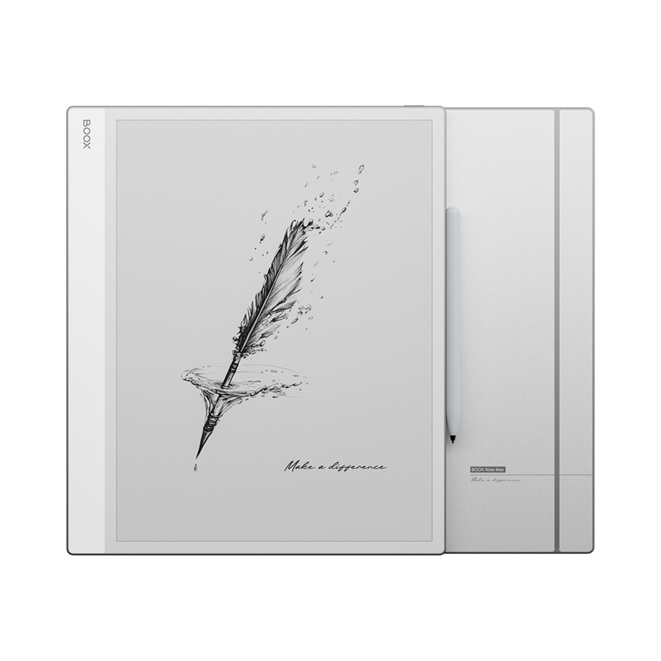Srebrne urządzenie e-czytnik z rysikiem. Na ekranie narysowana jest pióro w wodzie.