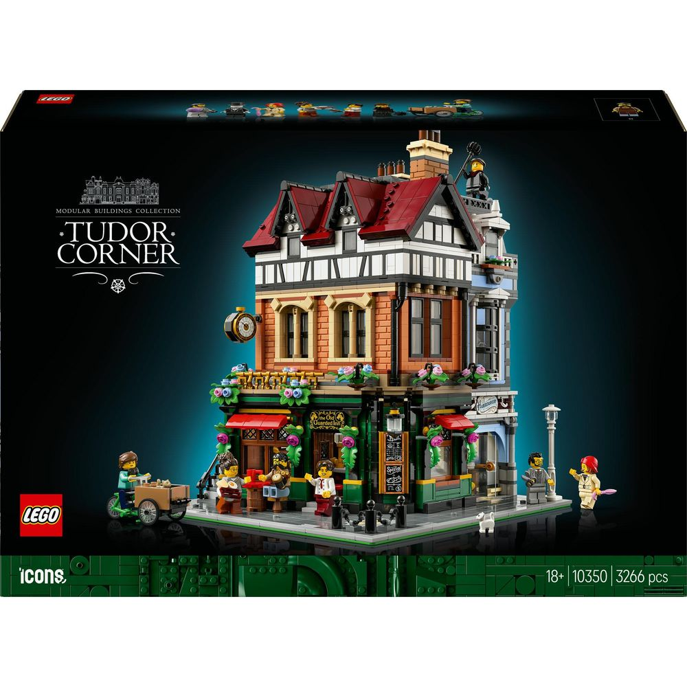 Budynek LEGO Tudor Corner z figurkami i znakami, szczegółowy.