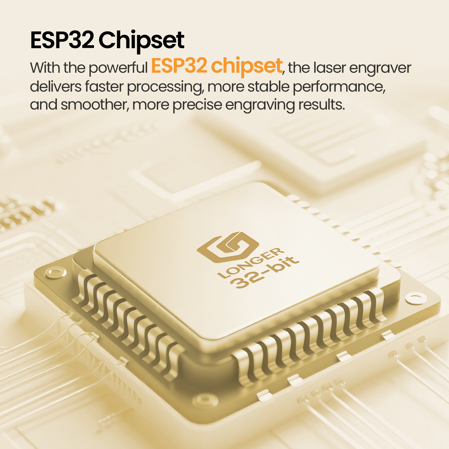 Nahaufnahme eines goldenen ESP32-Chipsatzes mit der Aufschrift LONGER 32-bit.