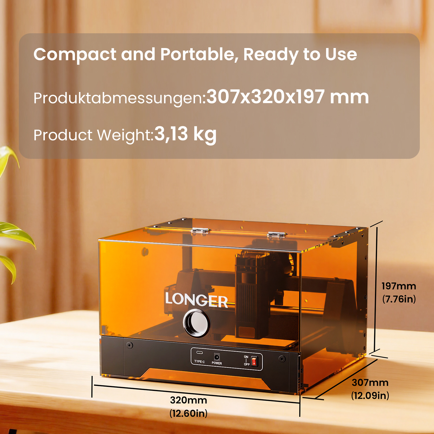 Ein kompakter, orangefarbener Lasergravierer mit Beschriftung LONGER.