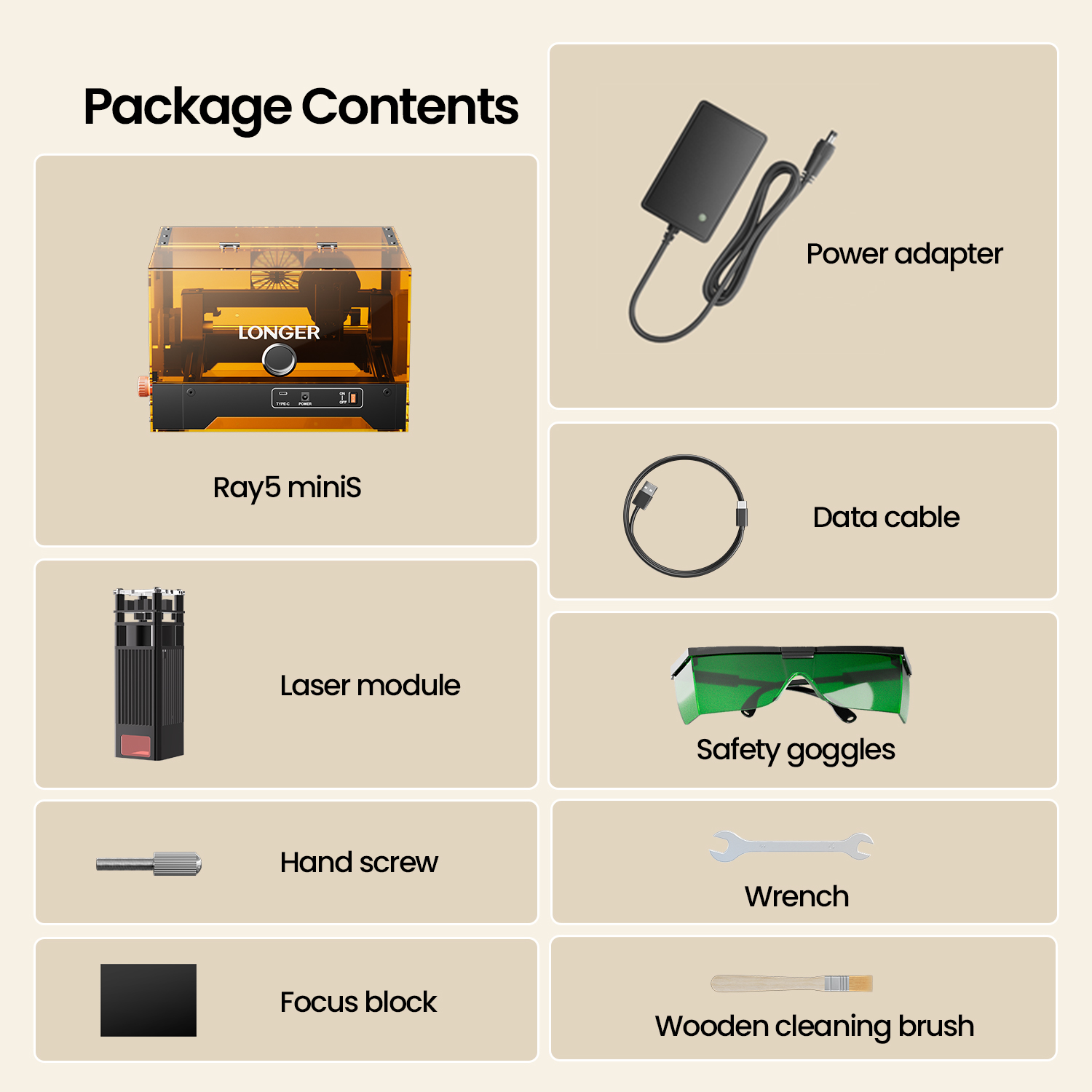 Verpackungsinhalt: Ray5 MiniS, Netzteil, Datenkabel, Lasermodul, Schutzbrille, Schraube, Schraubenschlüssel, Fokusblock, Bürste.