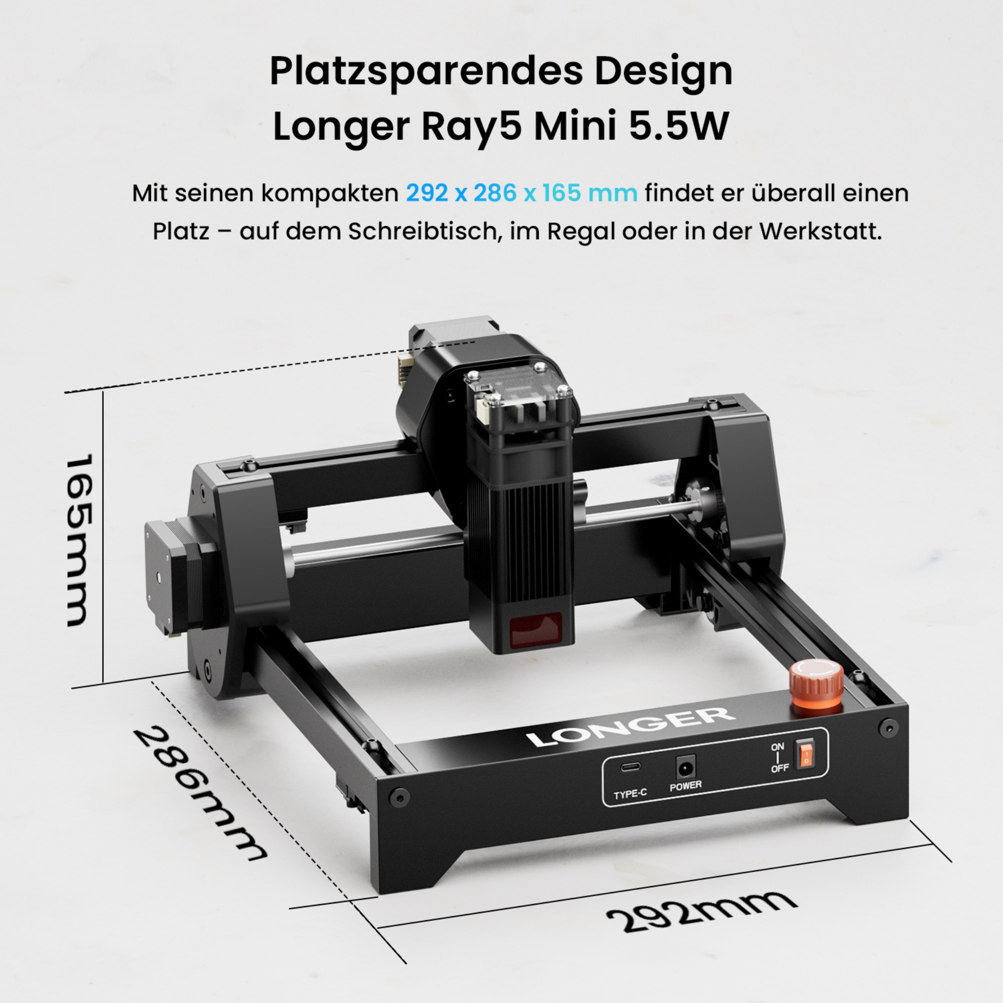 Kompakter schwarzer Lasergravierer mit Maßen 292x286x165mm.