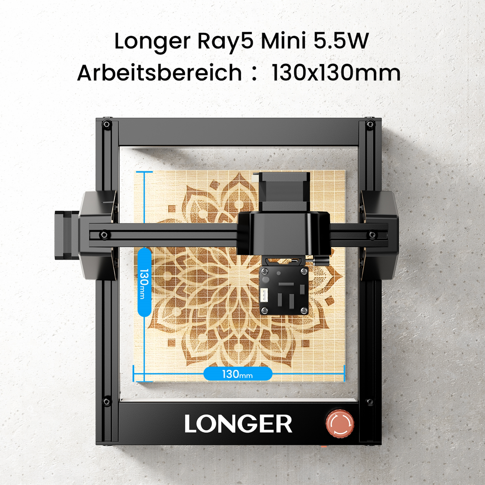 Lasergravierer mit 130x130mm Arbeitsbereich, graviert ein Muster.