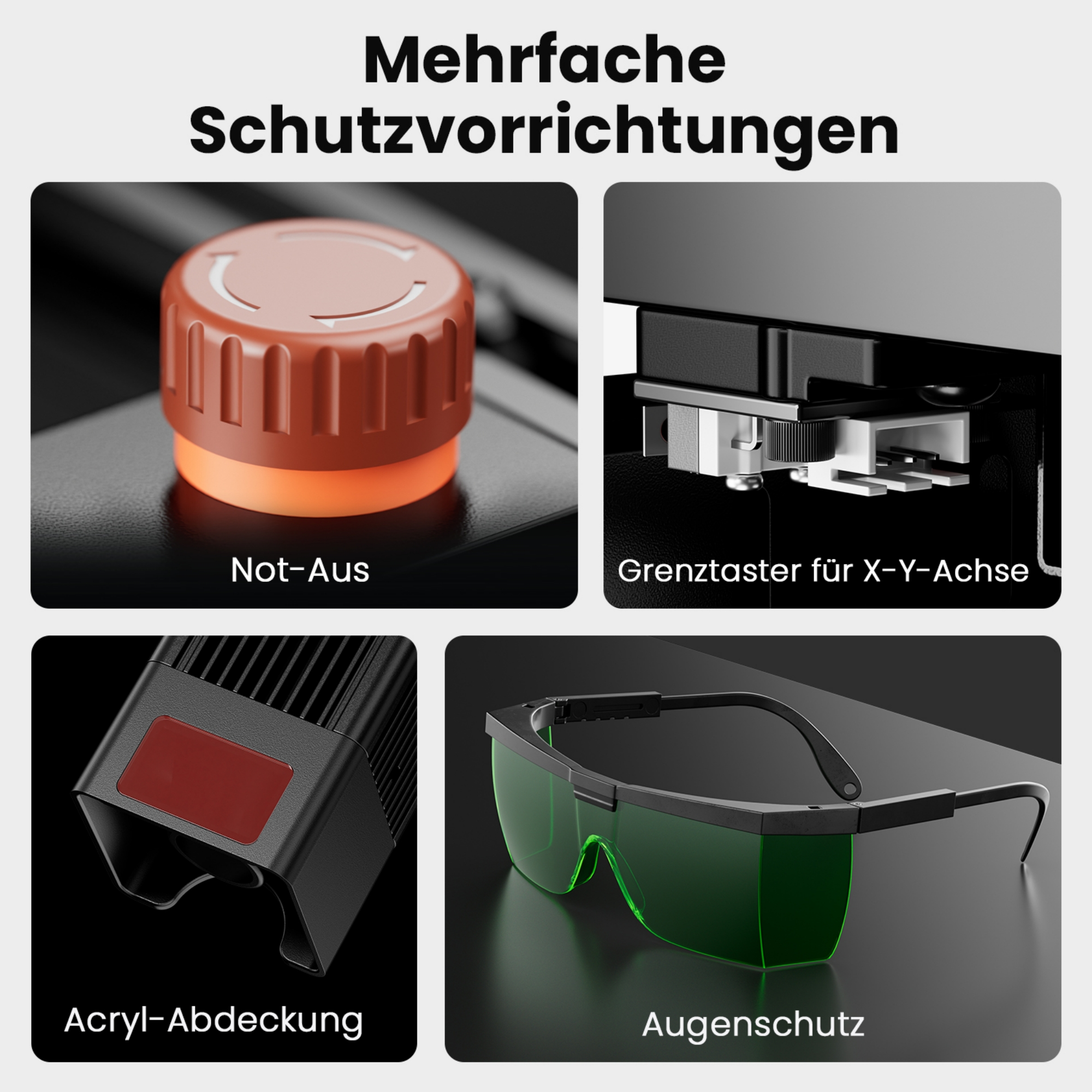 Mehrere Schutzvorrichtungen: Not-Aus, Grenztaster, Acryl-Abdeckung, Augenschutz.