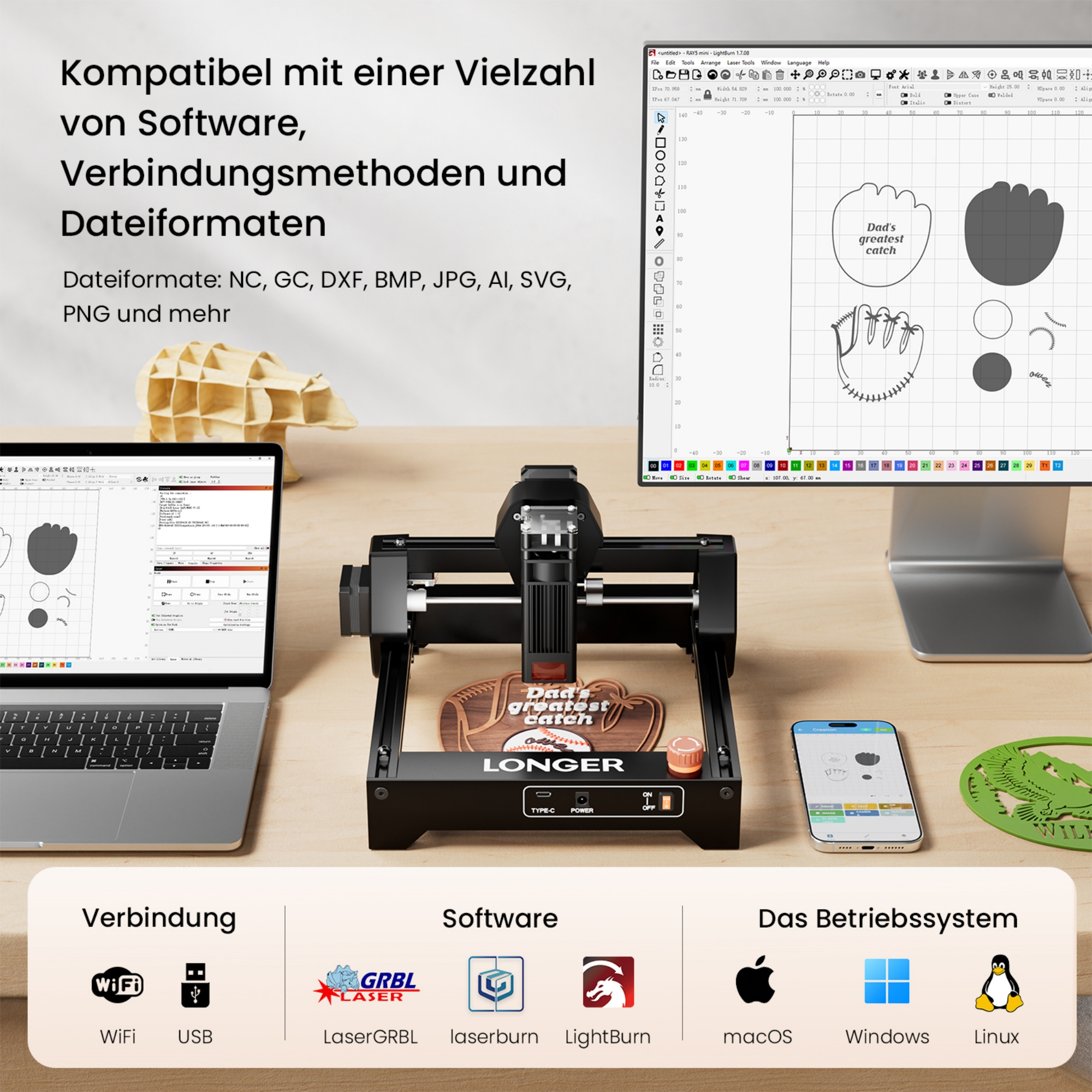 Ein Lasergravierer mit Laptop, Handy und Software-Icons. Kompatibel mit vielen Formaten.