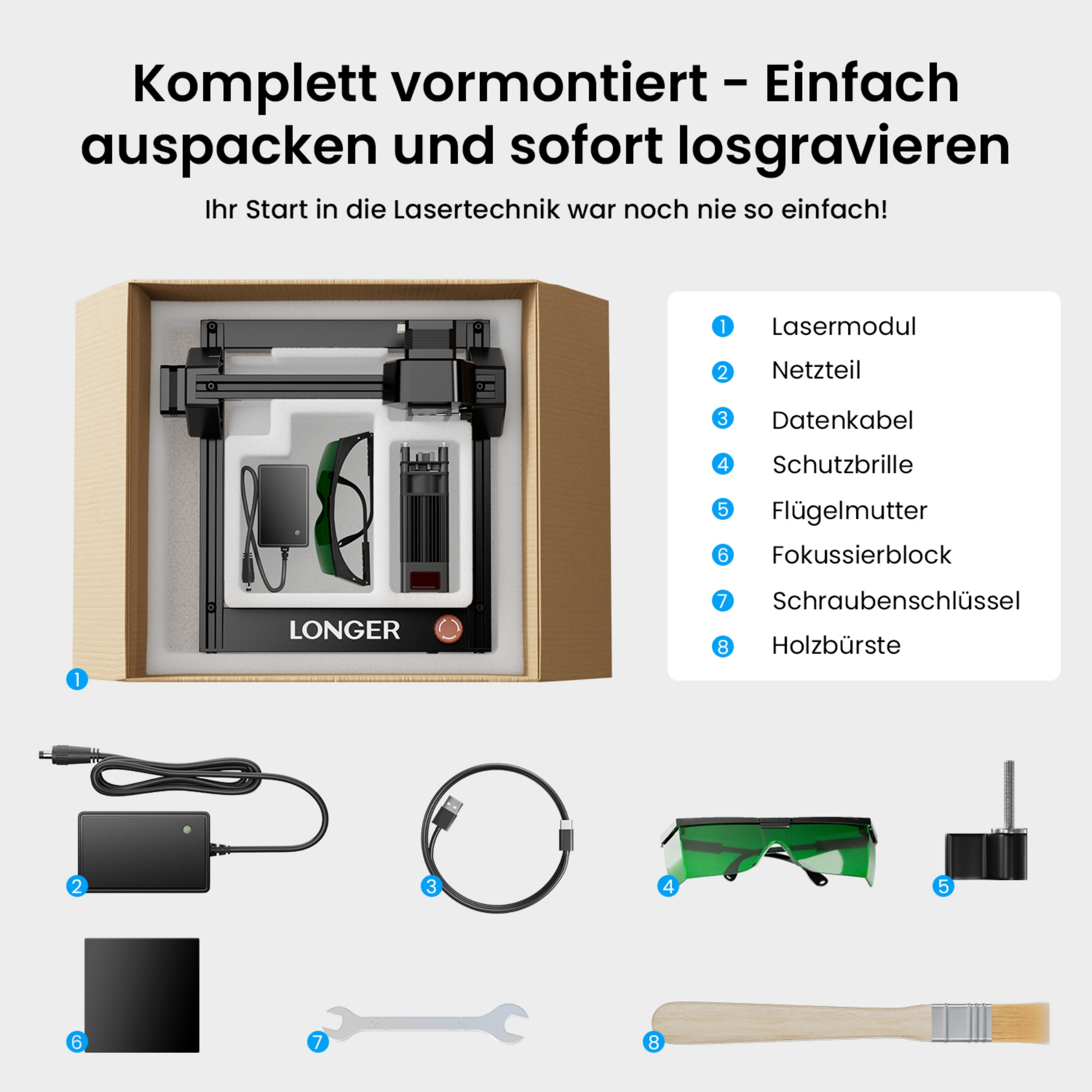 Laserengraver-Set in Verpackung mit Zubehör: Netzteil, Kabel, Brille, Werkzeug.
