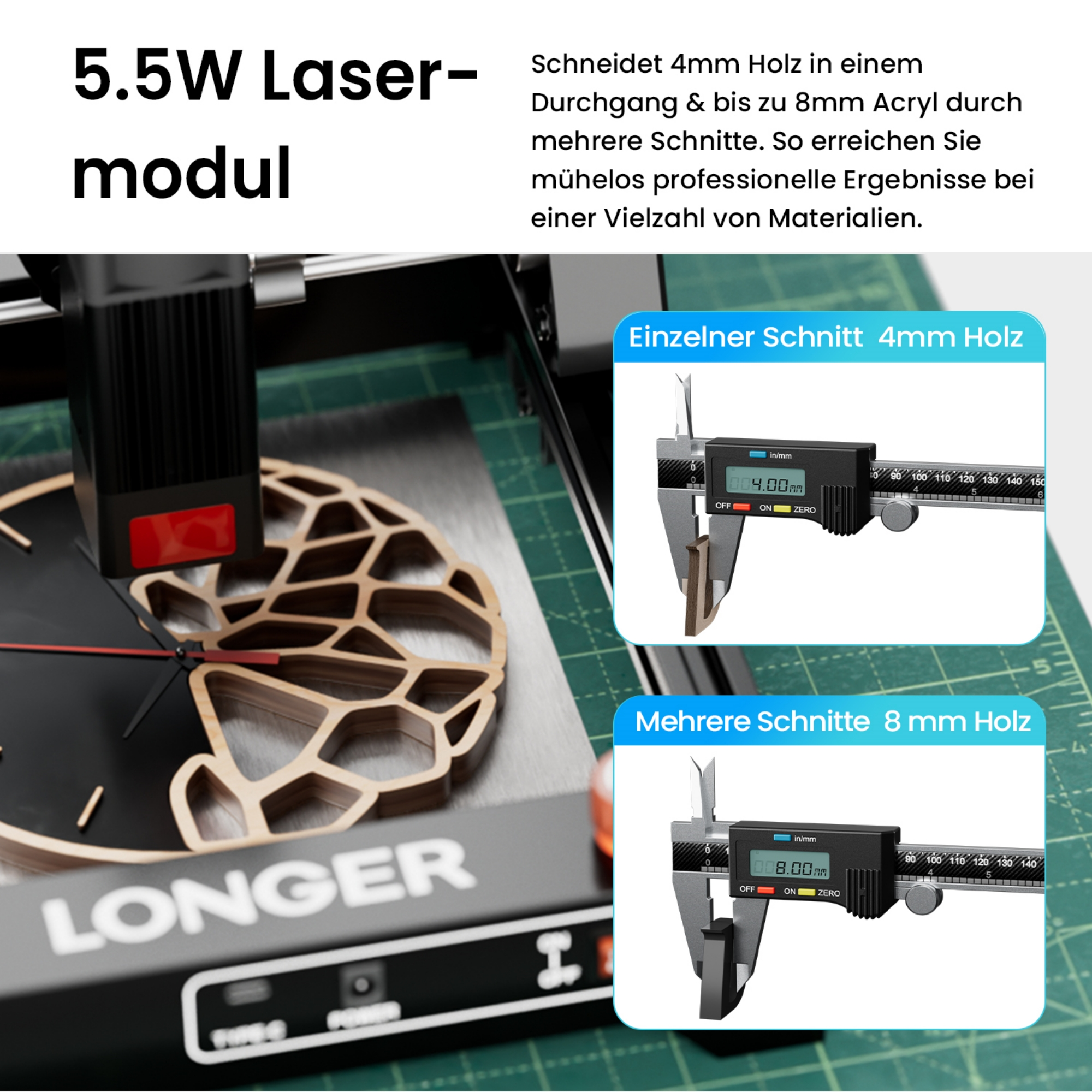 Lasermodul schneidet 4mm Holz und 8mm Acryl. Zeigt digitale Messschieber.