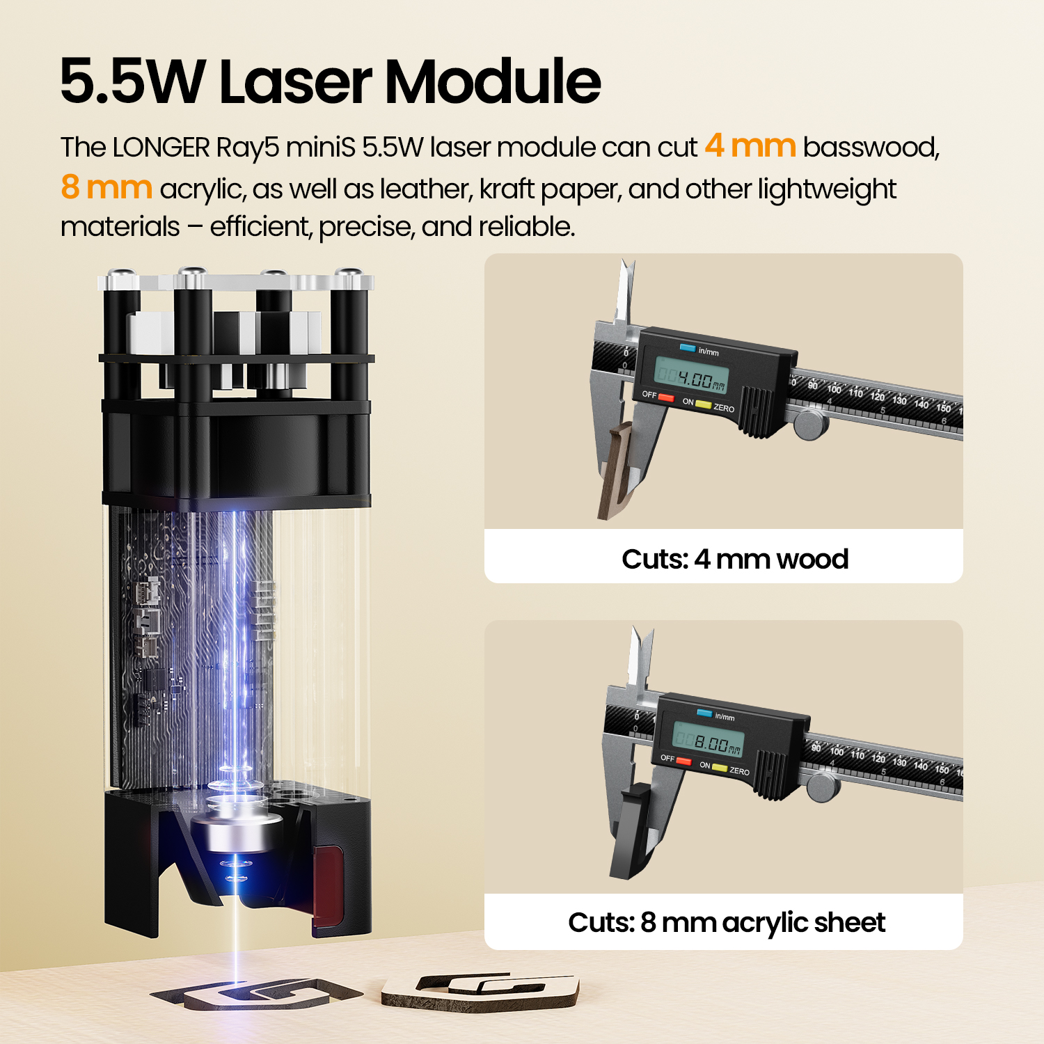 5.5W Lasermodul schneidet 4mm Holz und 8mm Acryl, mit Messschieber.