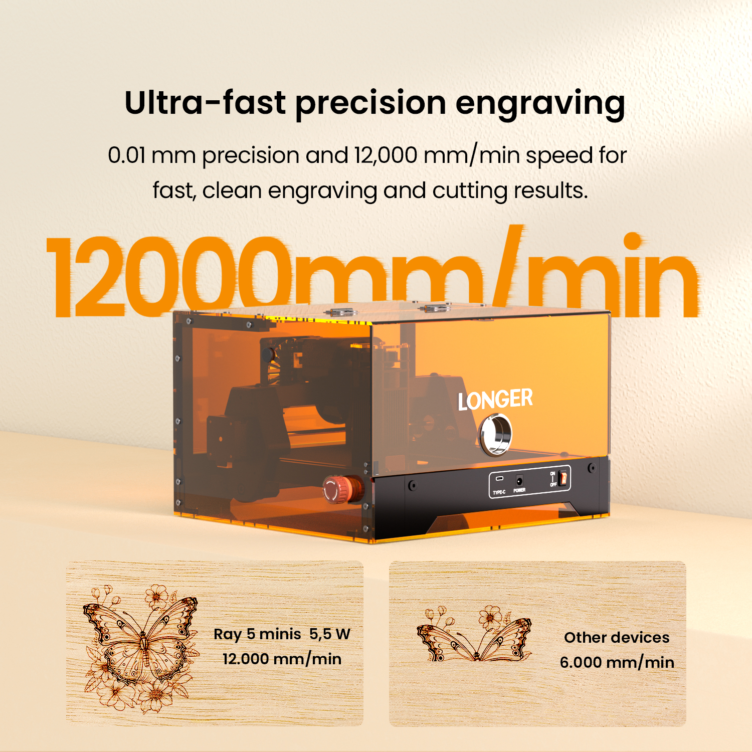 Orange Lasergravurmaschine mit 12.000 mm/min. Unten: Holzgravuren.