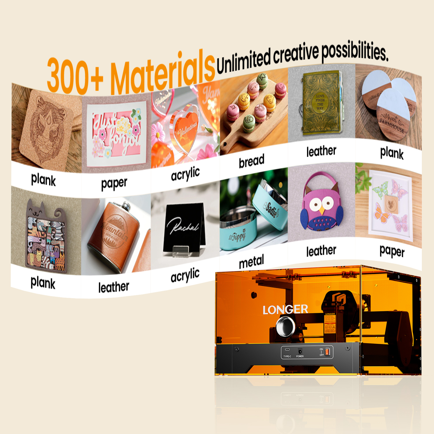 9 Beispiele für Materialien: Holz, Papier, Acryl, Brot, Leder, Metall, eine Lasermaschine.