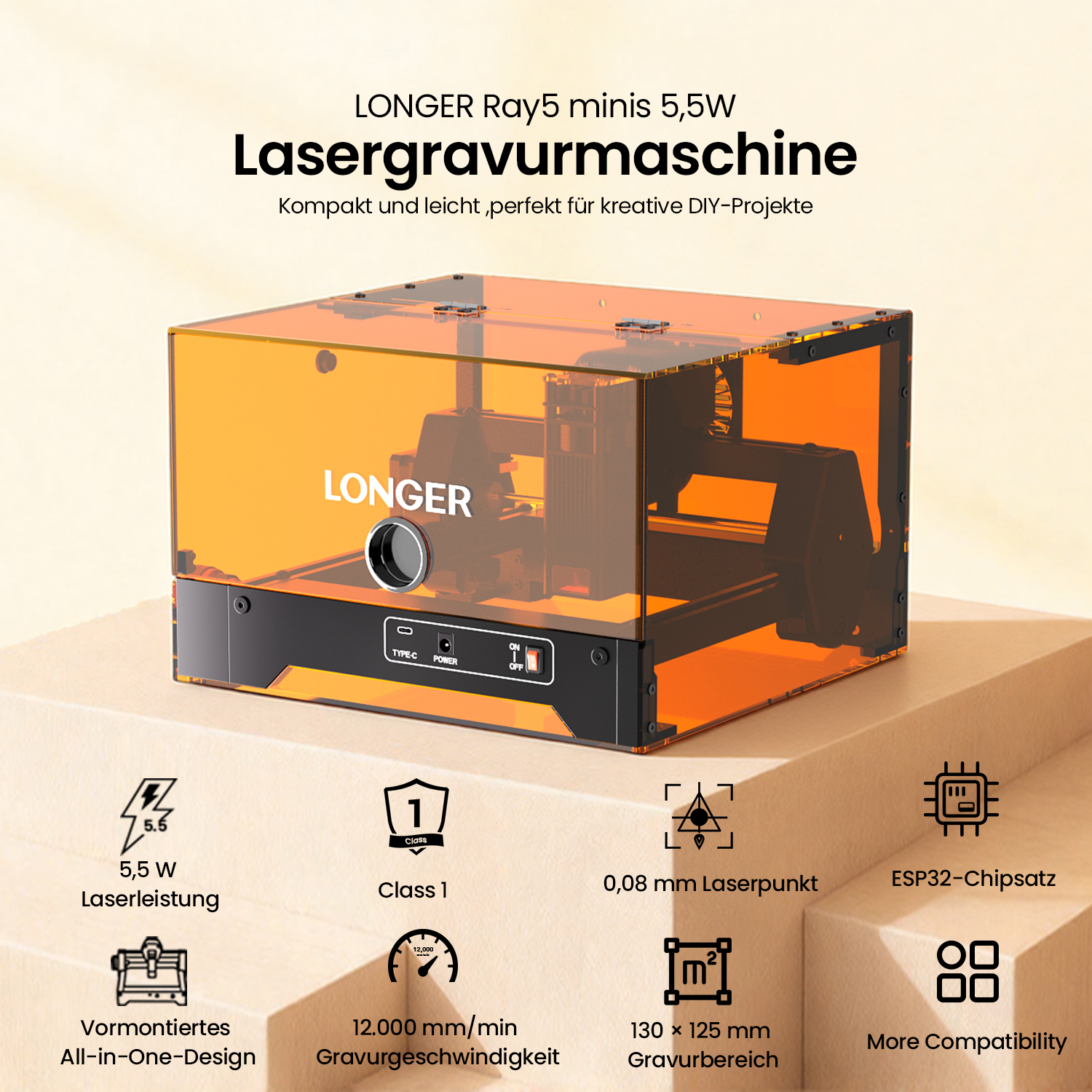 Ein orangefarbener Lasergravierer von LONGER mit Details zu Leistung und Größe.