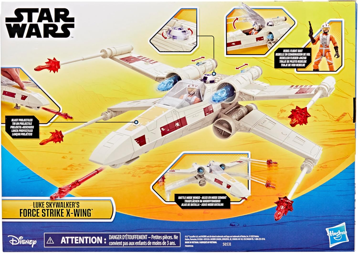 Juguete X-Wing de Star Wars con figura de Luke Skywalker y accesorios.