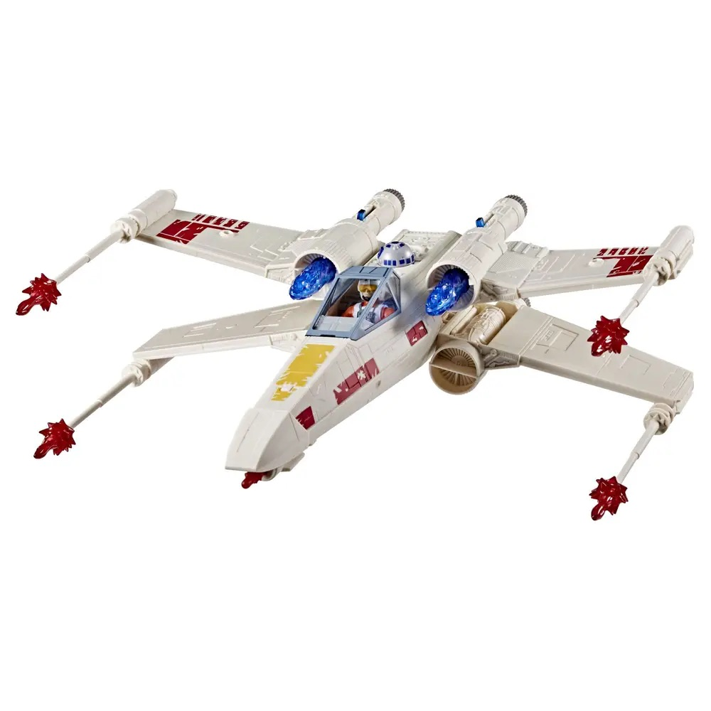 Un juguete X-wing blanco con motores azules y misiles rojos.