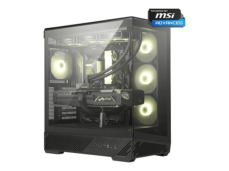 High-performance gaming PC with visible cooling and RTX graphics