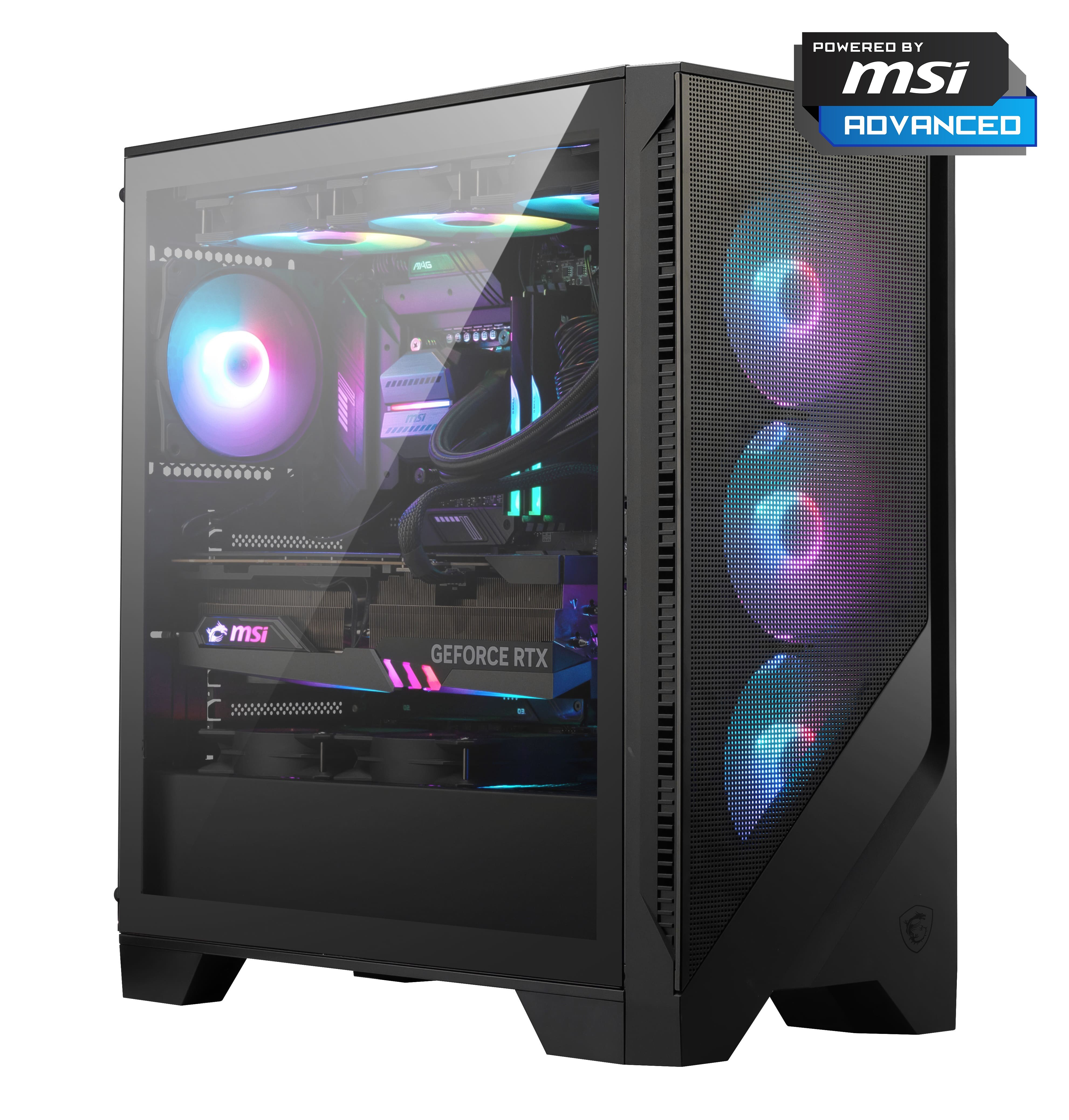 Un PC da gaming nero con frontale in vetro, ventole RGB e illuminazione.