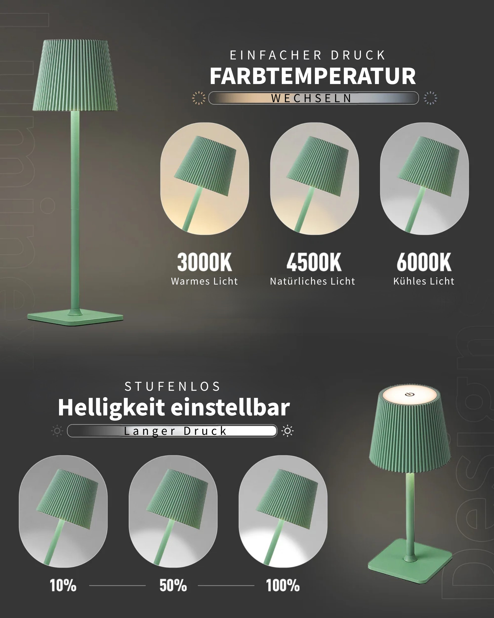 Grüne Lampe zeigt verschiedene Lichtfarben und Helligkeitsstufen an.