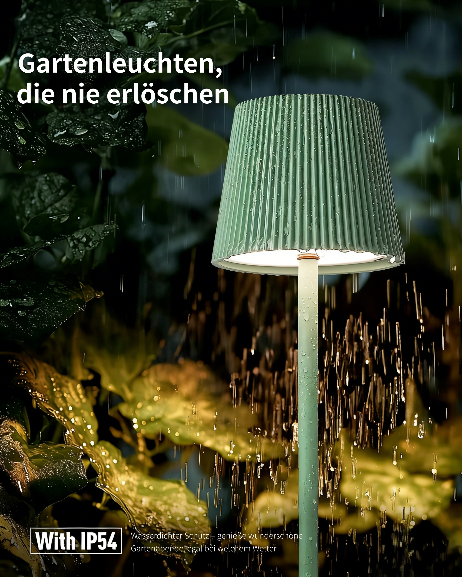 Eine grüne Gartenleuchte mit geriffeltem Schirm im Regen.