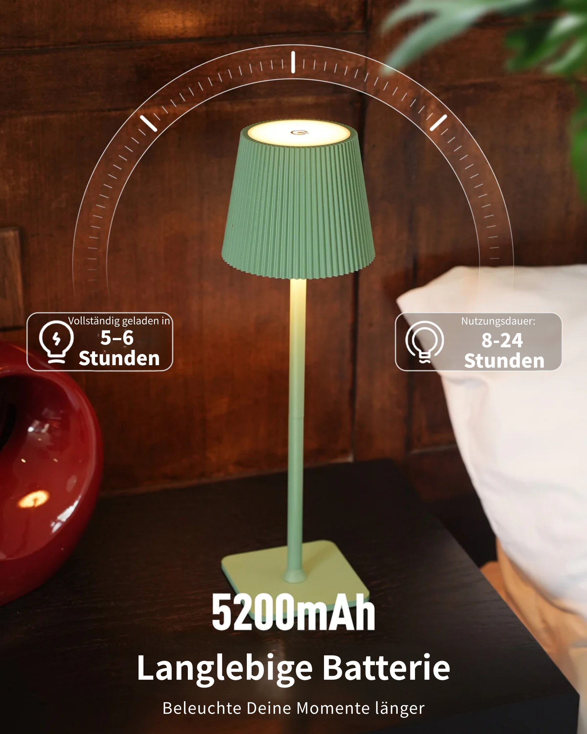 Grüne Lampe mit 5200mAh Batterie, 5-6h Ladezeit, 8-24h Nutzung.