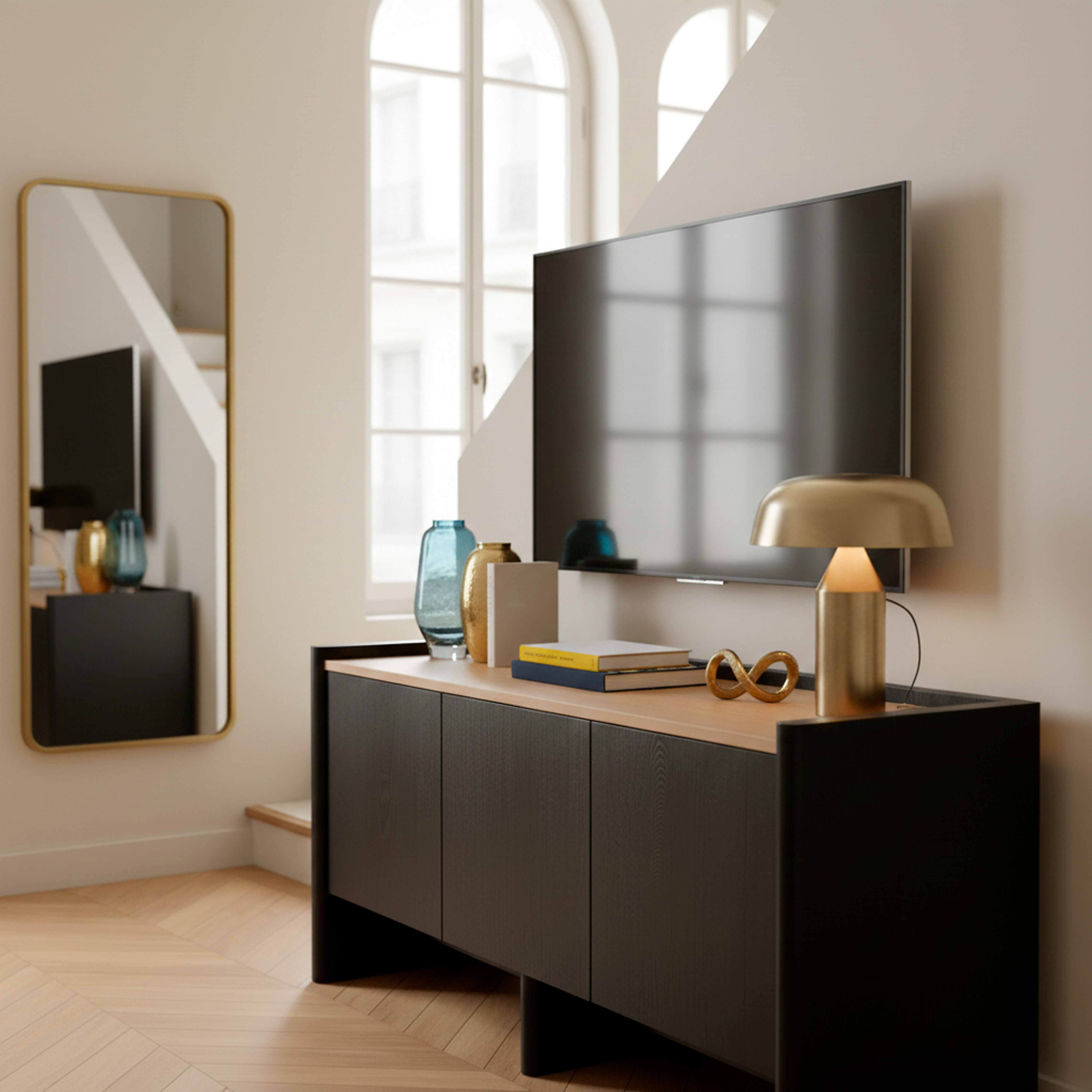 Ein moderner Wohnzimmerschrank mit Fernseher, Spiegel und Lampe.