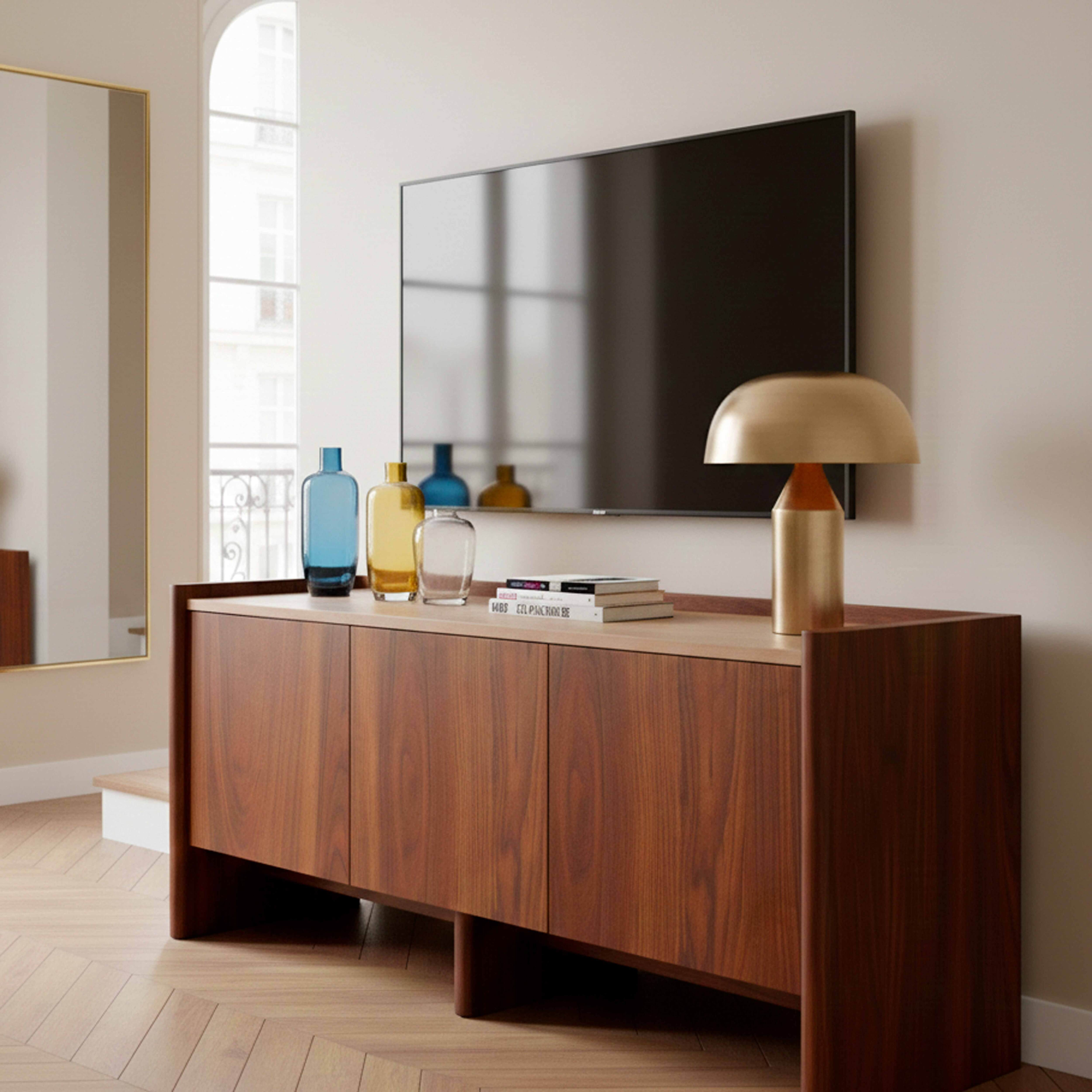 Ein moderner Holzschrank mit einem Fernseher, Lampe und Dekorationen.